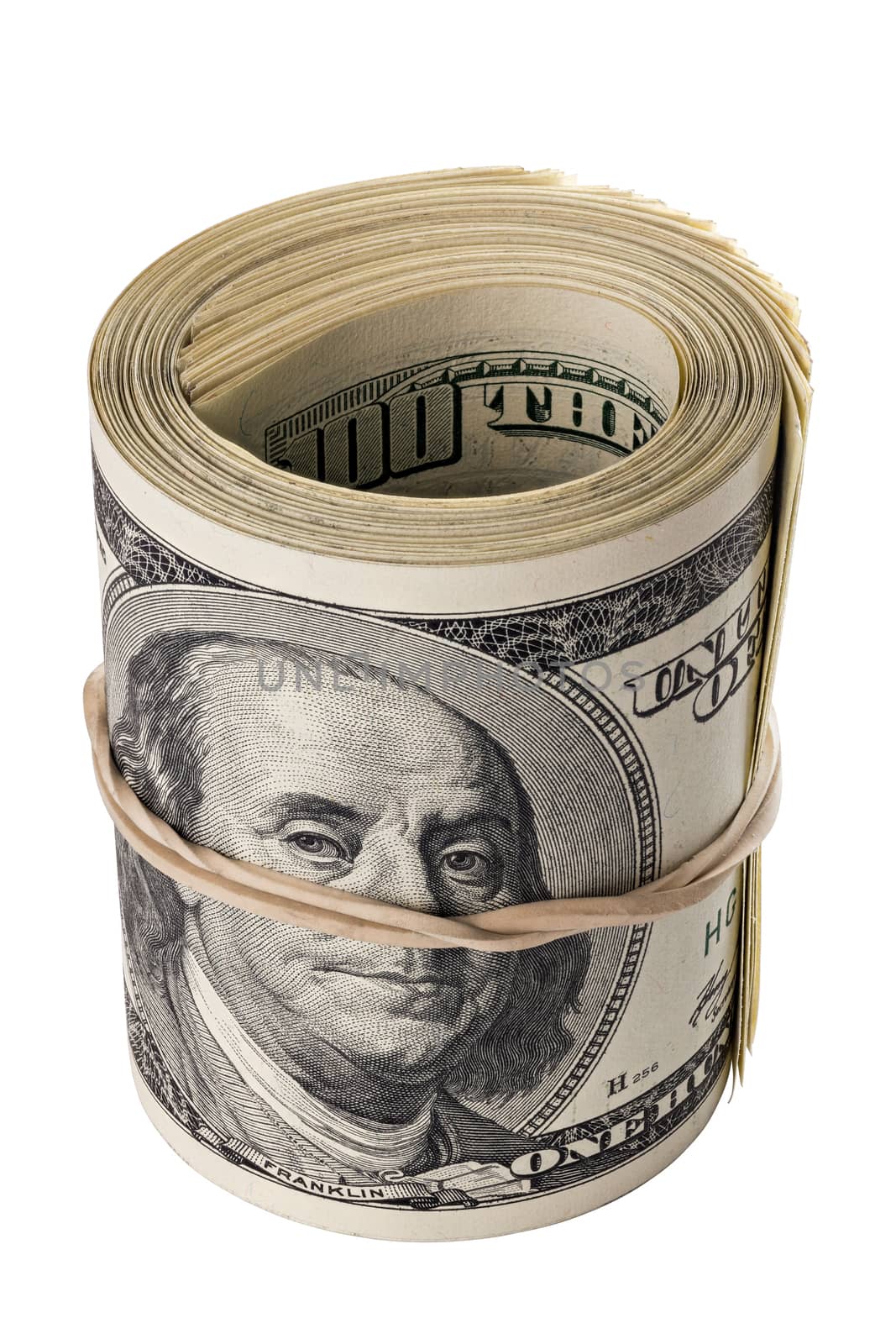 A roll of old hundred us dollars standing up with rubber band isolated on white background. Total 5000 bucks.