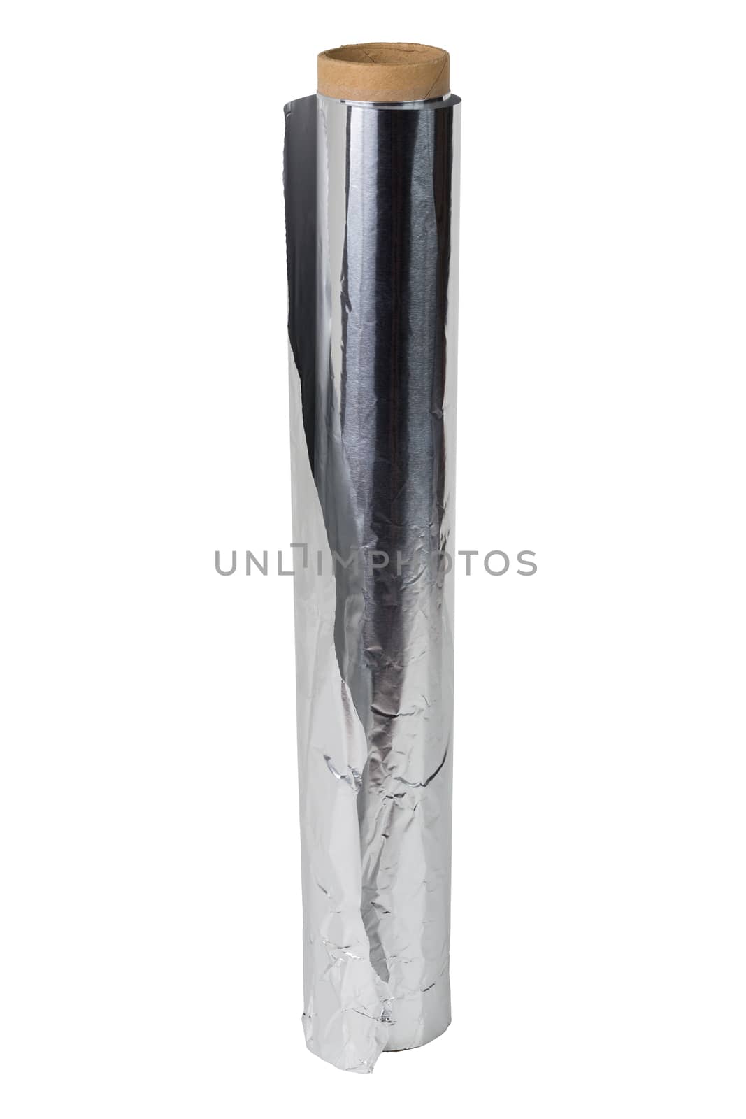 a roll of opened cooking foil isolated on white background.