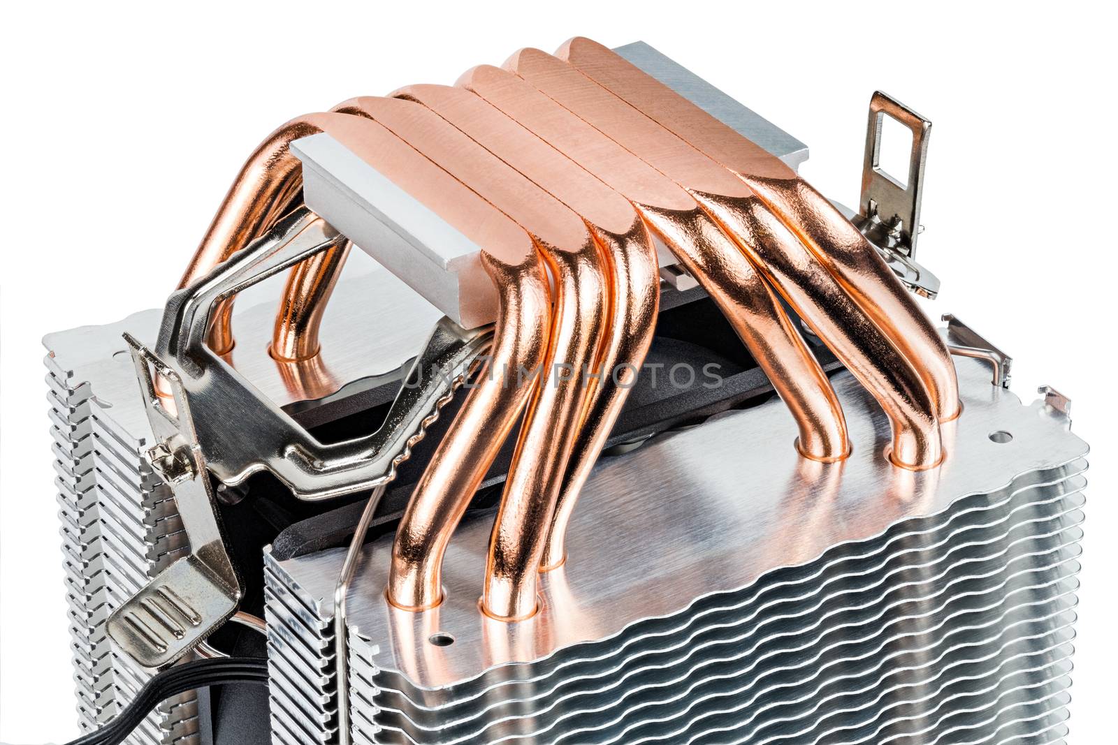 A bottom of modern tower-type heat radiator with six copper heatpipes isolated on white background. Contact surface made by mill.