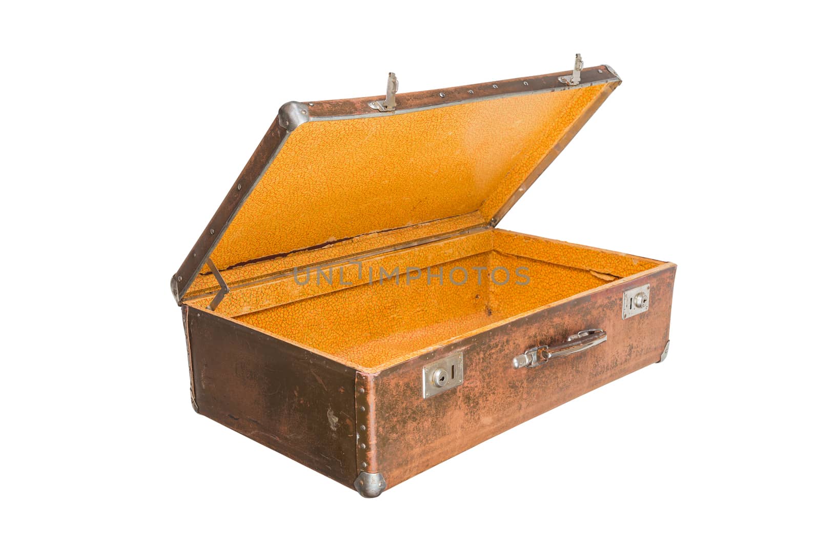 old opened brown soviet fiber suitcase isolated on white background by z1b