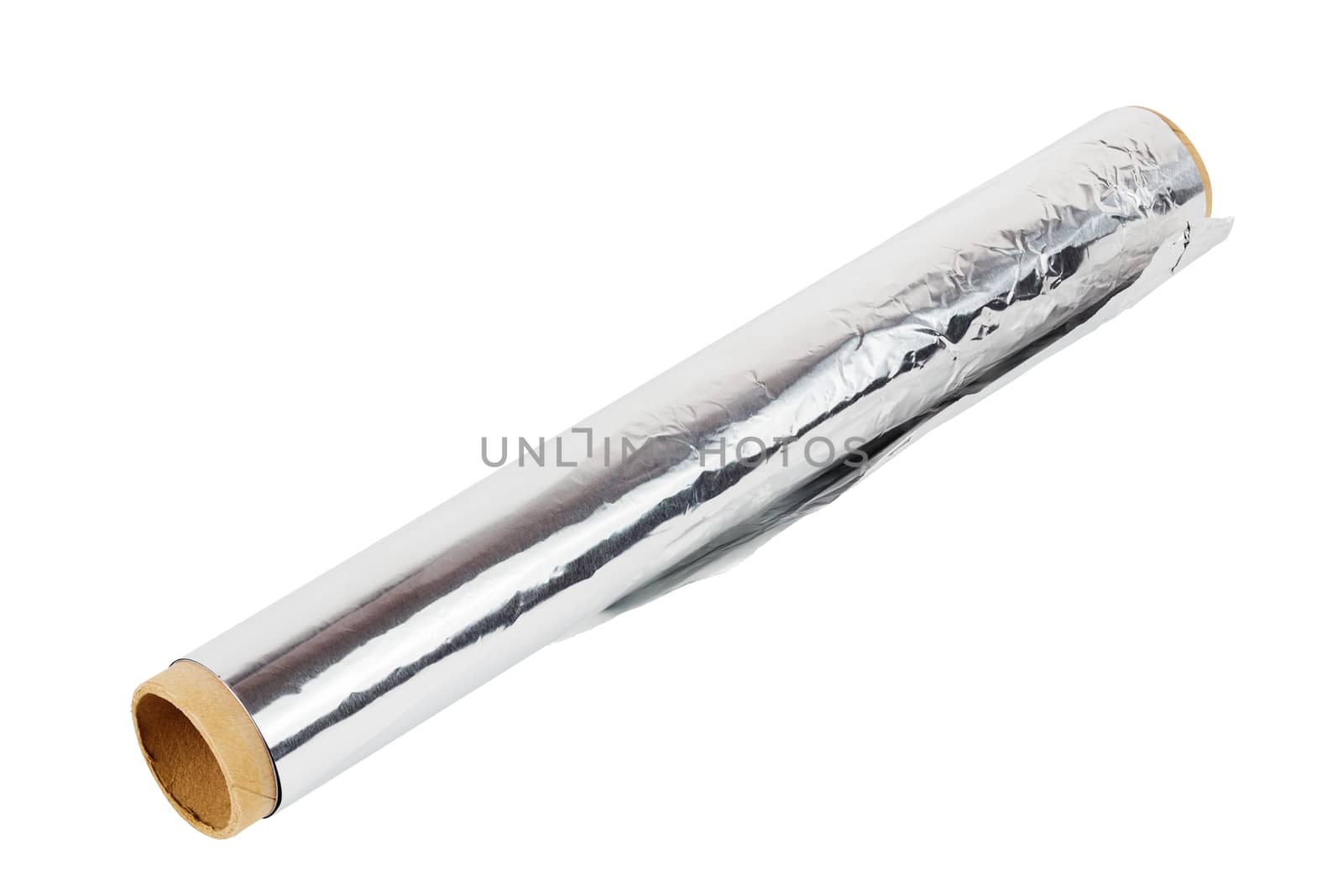 a roll of opened cooking foil isolated on white background.