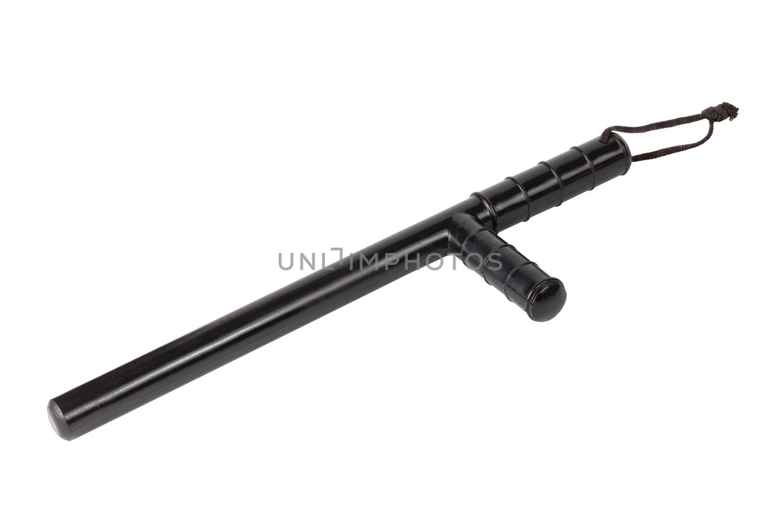 Black classic rubber police baton with lanyard isolated on white background. Isometric diagonal view. Shadowless.