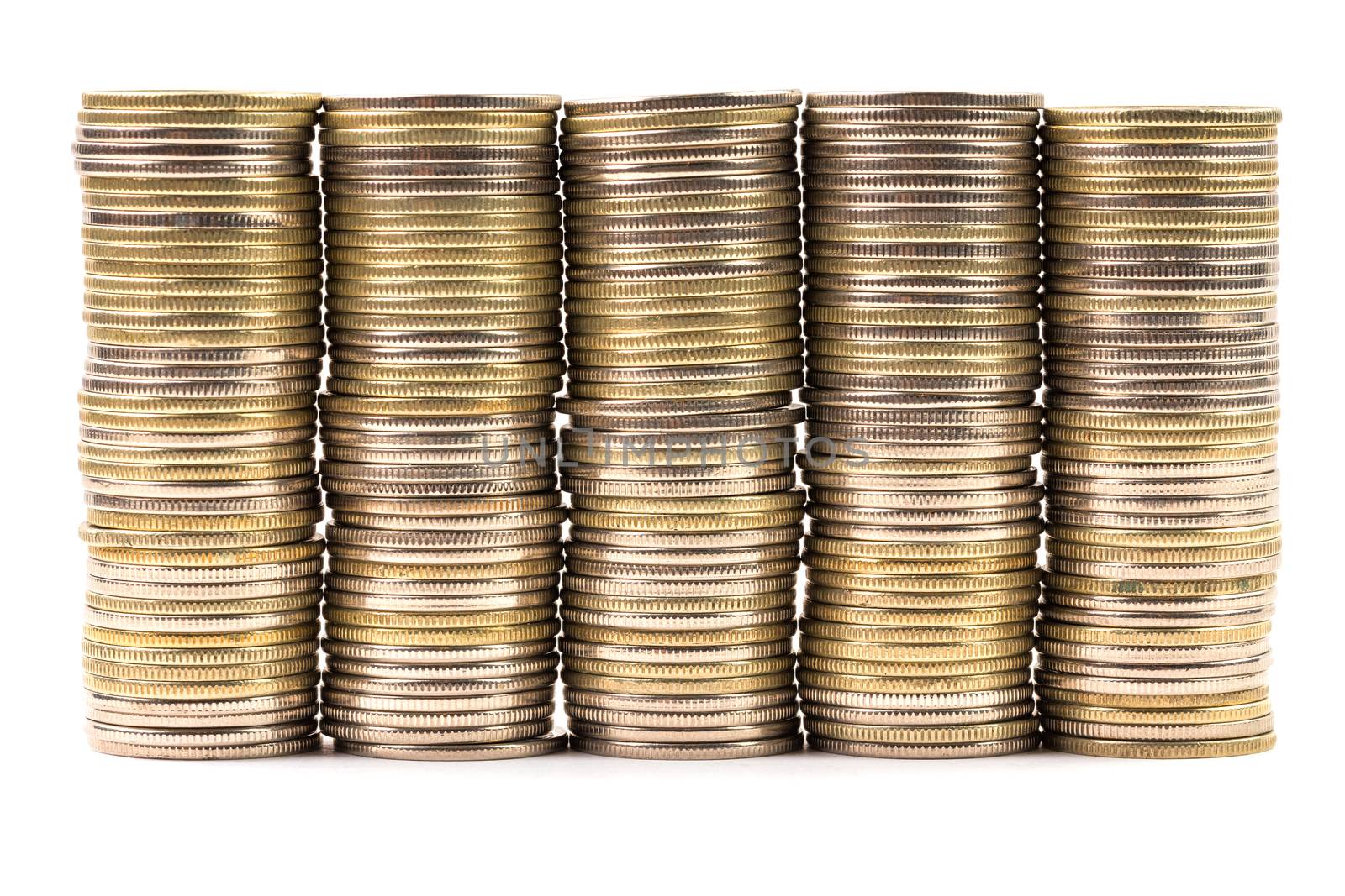 Five equal stacks of identic coins merged in one wall isolated on white background. Symbol of annuity or flat level of something financial.