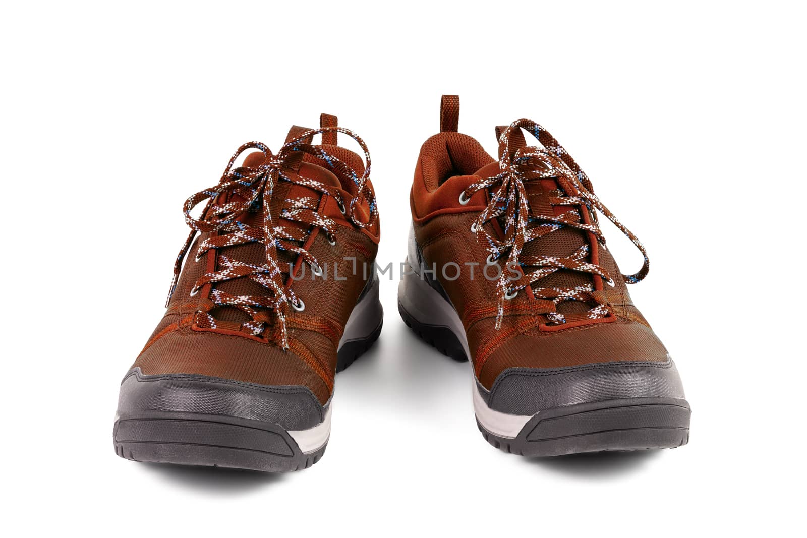 black and brown outdoor empty lightweight waterproof breathable fabric sneakers isolated on white background.