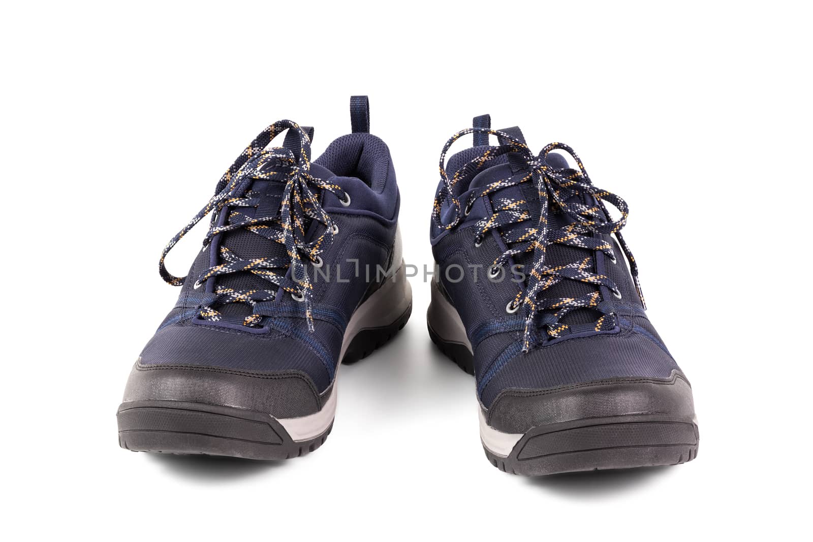 black and blue outdoor empty lightweight waterproof breathable fabric sneakers isolated on white background.