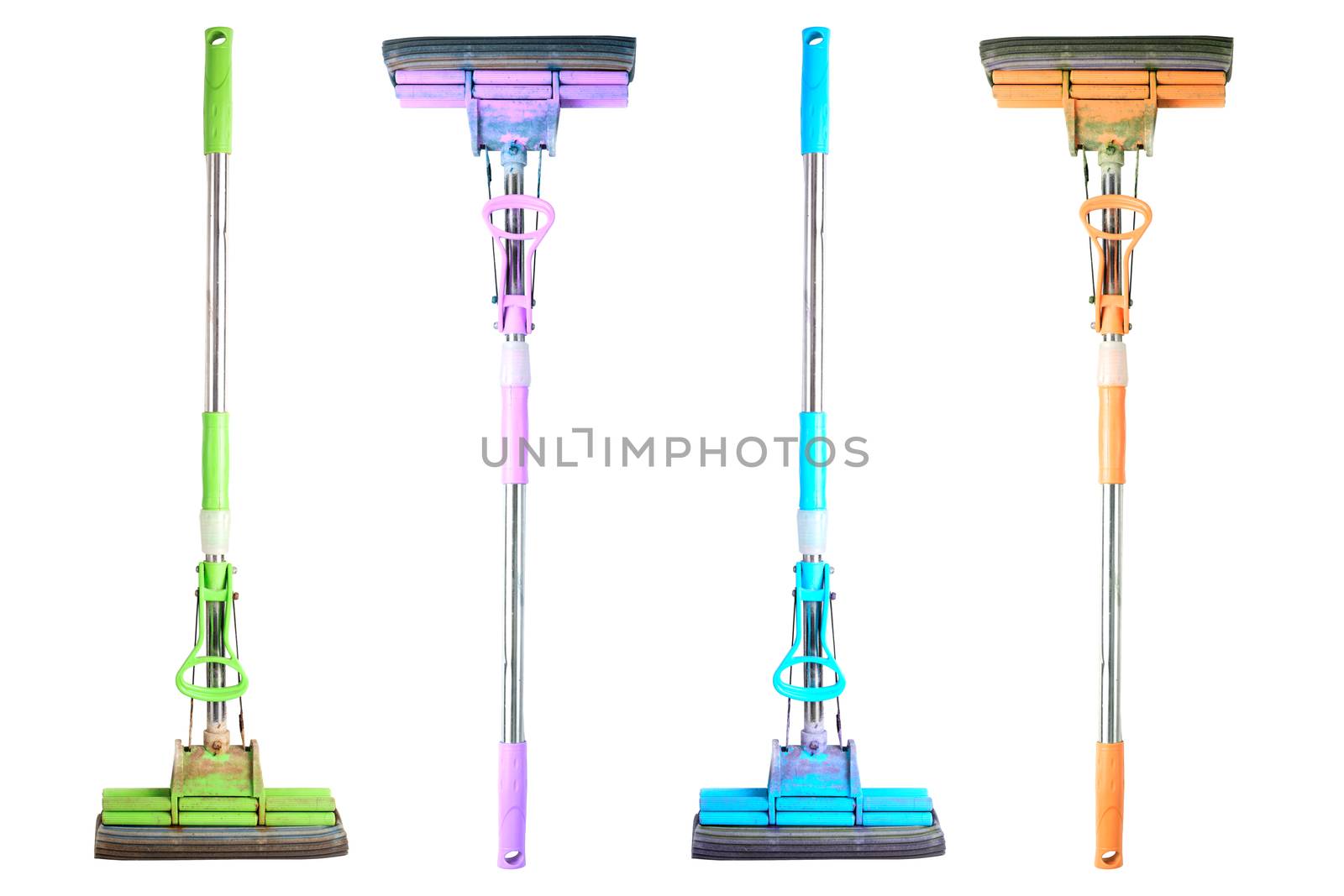 Old used mechanical double-rolled pull-action PVA mops isolated on white background.