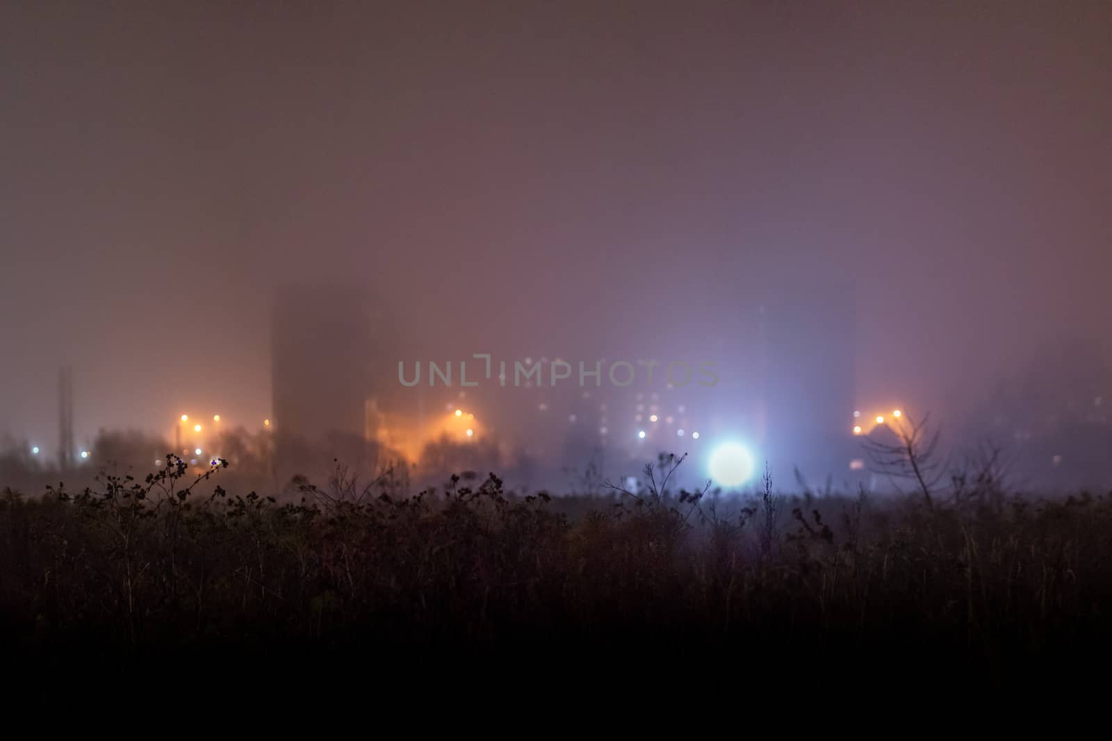 Dry dark grass field in front of foggy night depressive suburbs panel high-rise buildings ghetto with very shallow depth of field and selective focus.