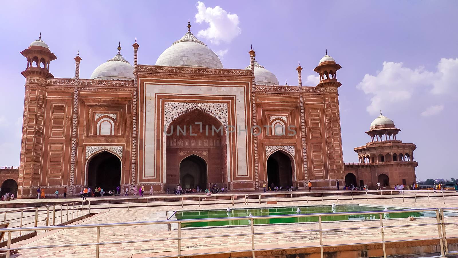 Grand imperial sandstone Persian style domed mausoleum Humayun Tomb in the landscaped char-bagh garden. A finest example of Mughal architecture and iconic structures. New Delhi India May 2019
