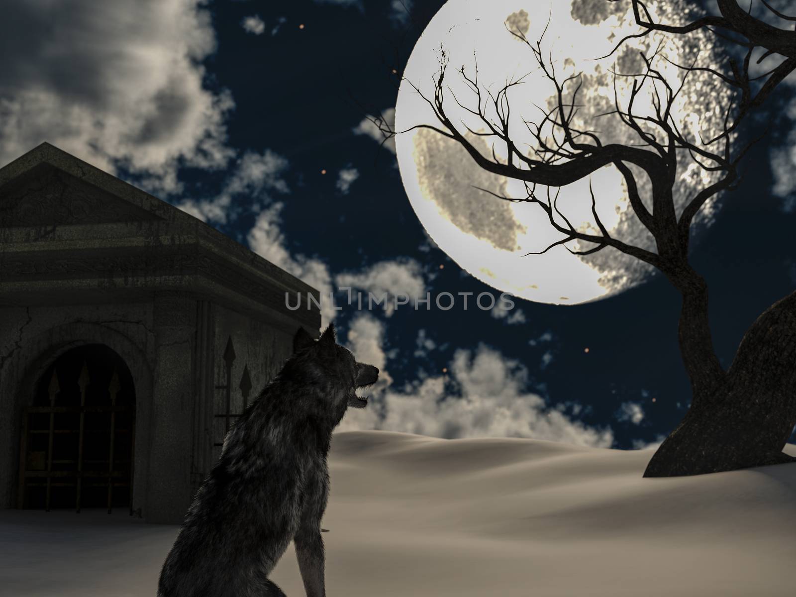 Illustration of a wolf during the full moon in winter with a creepy tree and an old crypt - 3d rendering