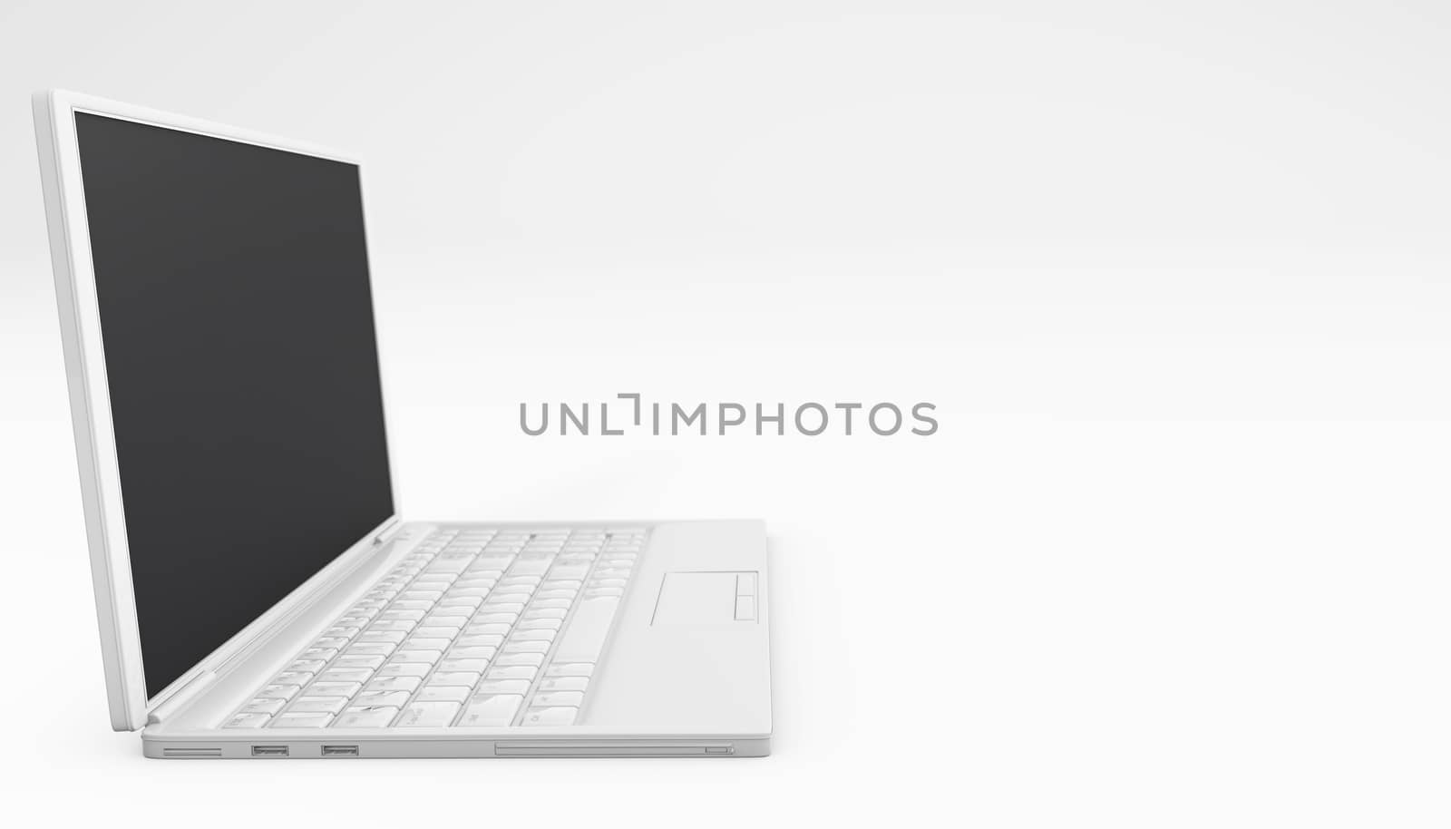 Laptop white color side view isolated on white. Being online concept. 3d rendering