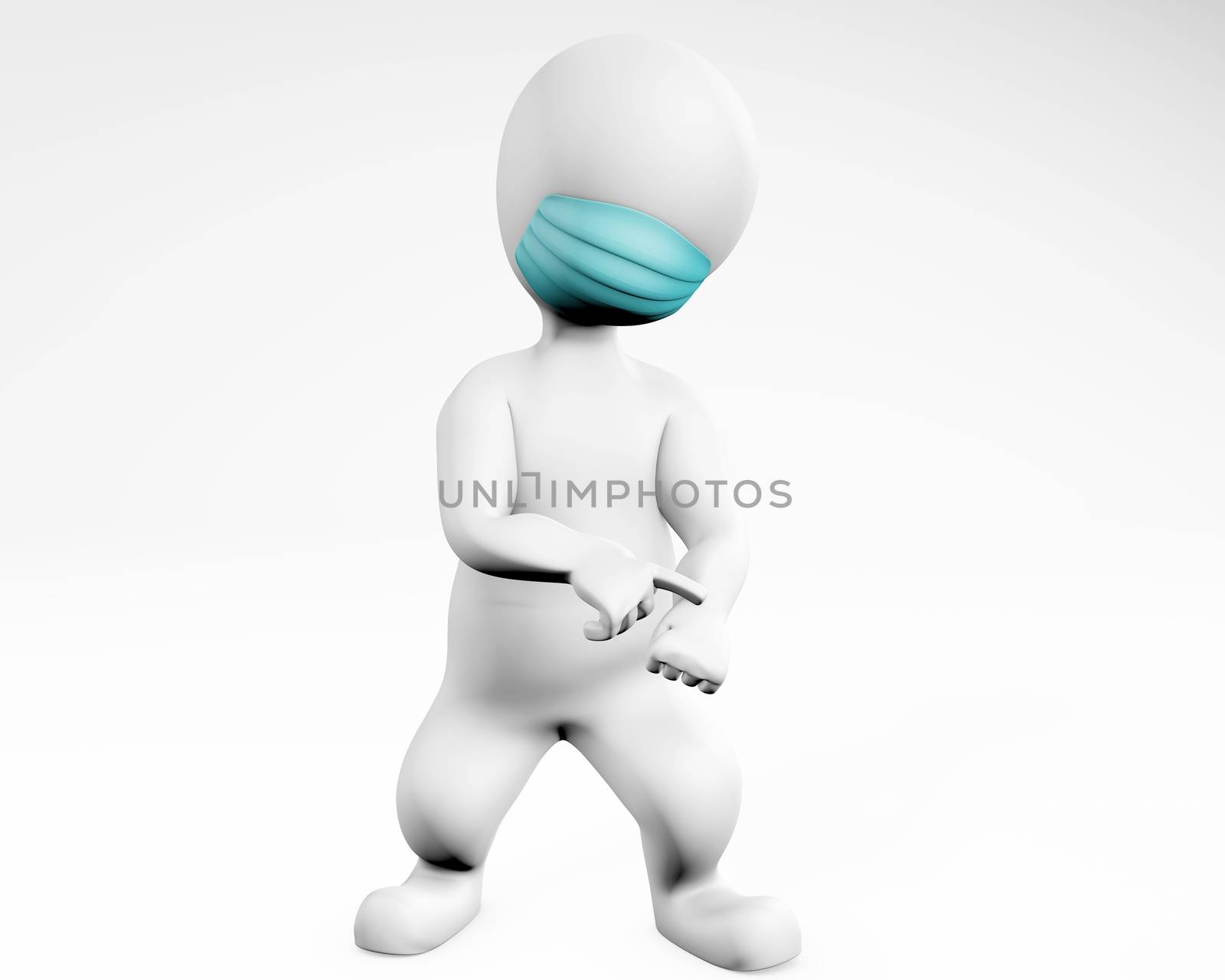 Man with mask angry for being late gesture 3d rendering isolated on white