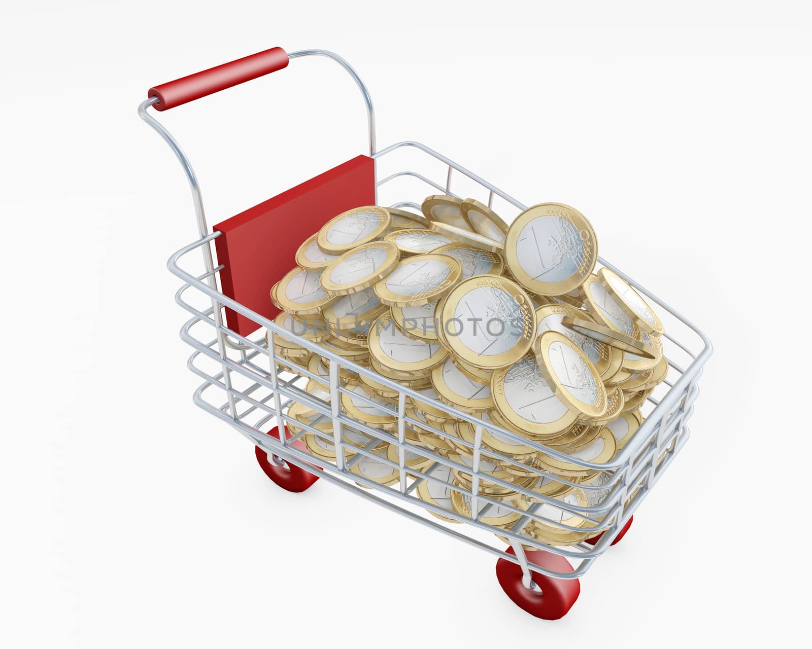 Shopping cart full of euros expensive shipping concept 3d rendering isolated on white