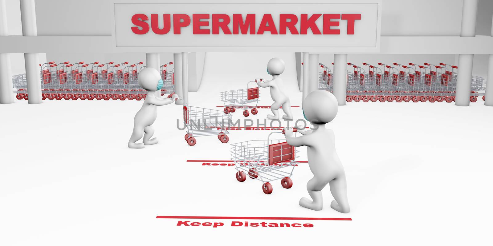 Supermarket 3d rendering concept during pandemic. Men shopping with masks keeping distance