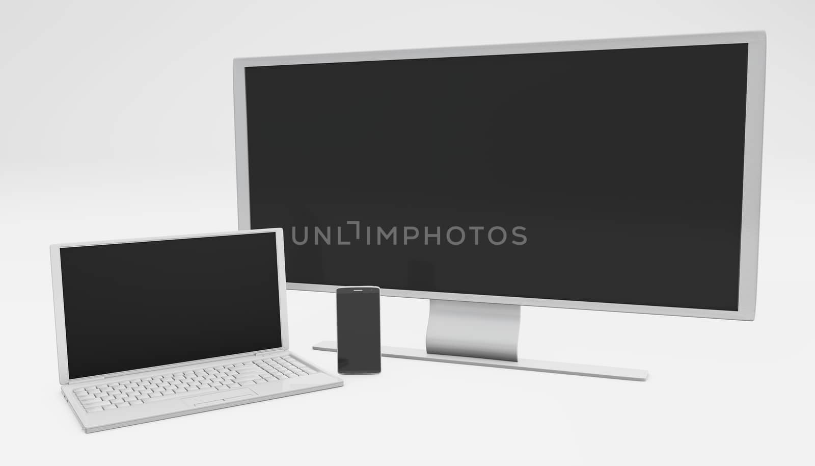 Multi platoform concept telco bundle wide tv laptop smartphone 3d rendering isolated on white