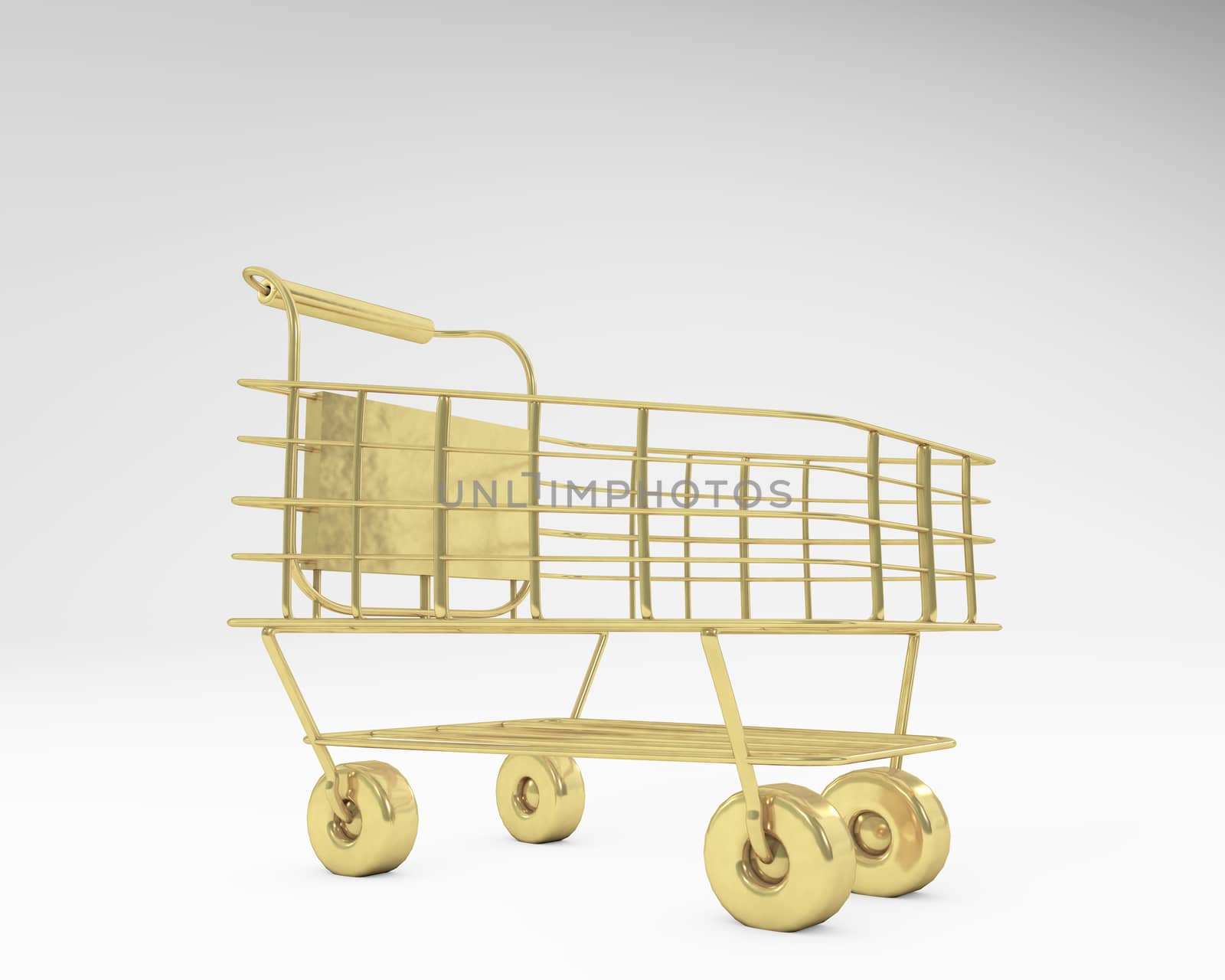 Shopping Cart golden texture close up perspective 3d rendering isolated on white