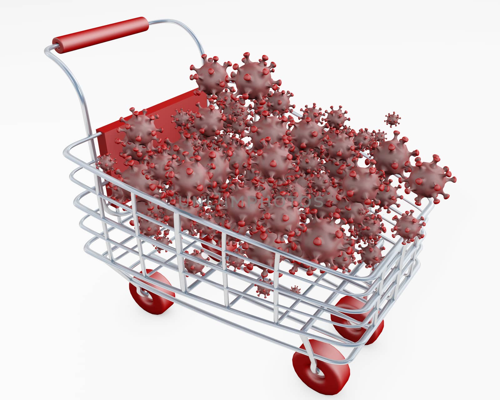 Shopping cart full of corona virus 3d rendering isolated on white