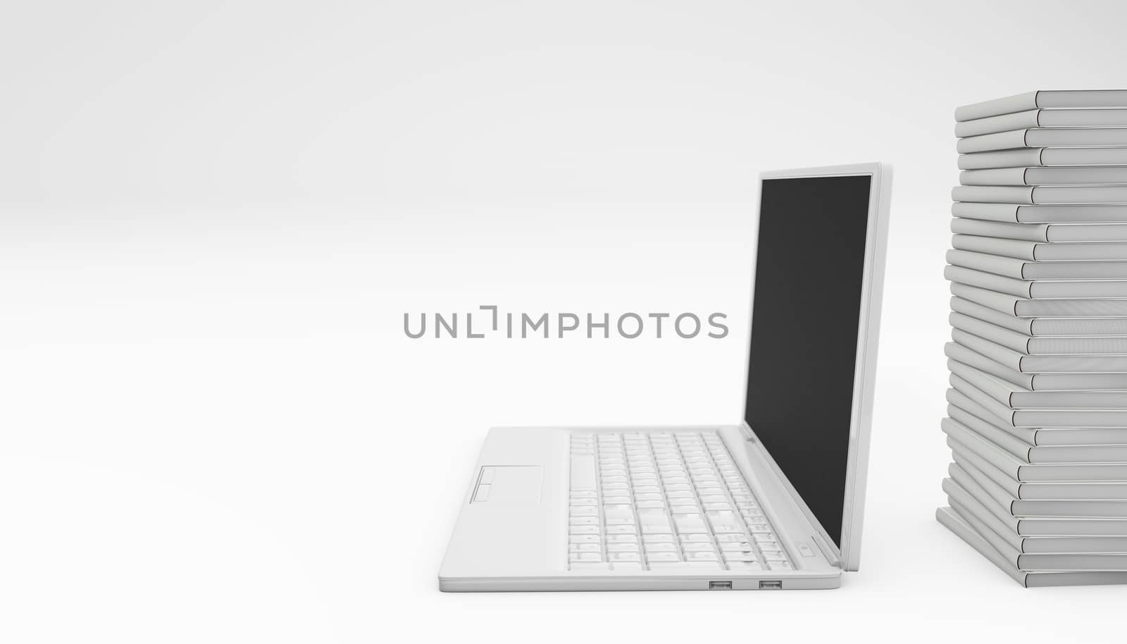Laptop with books white. Online reading concept. 3d rendering by F1b0nacci