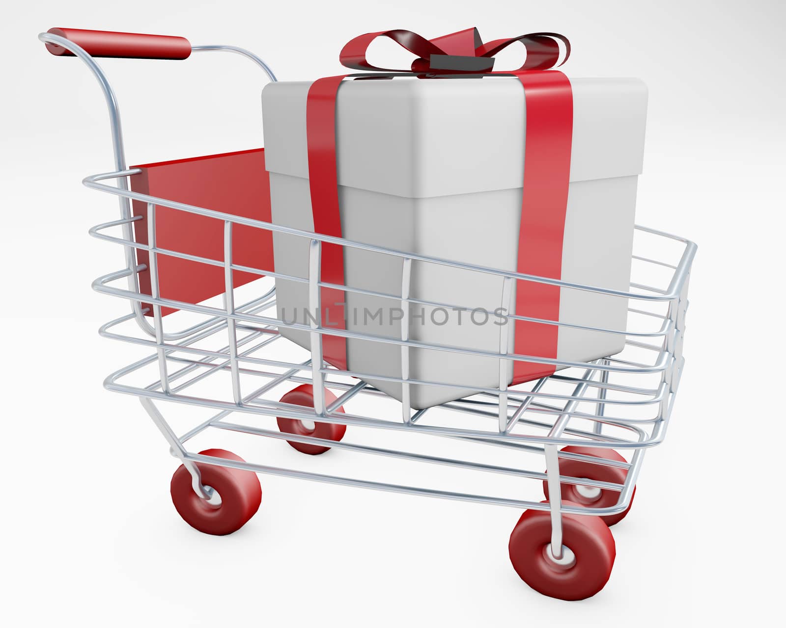 Shopping for the holidays concept with a gift in a shopping cart 3d rendering isolated on white