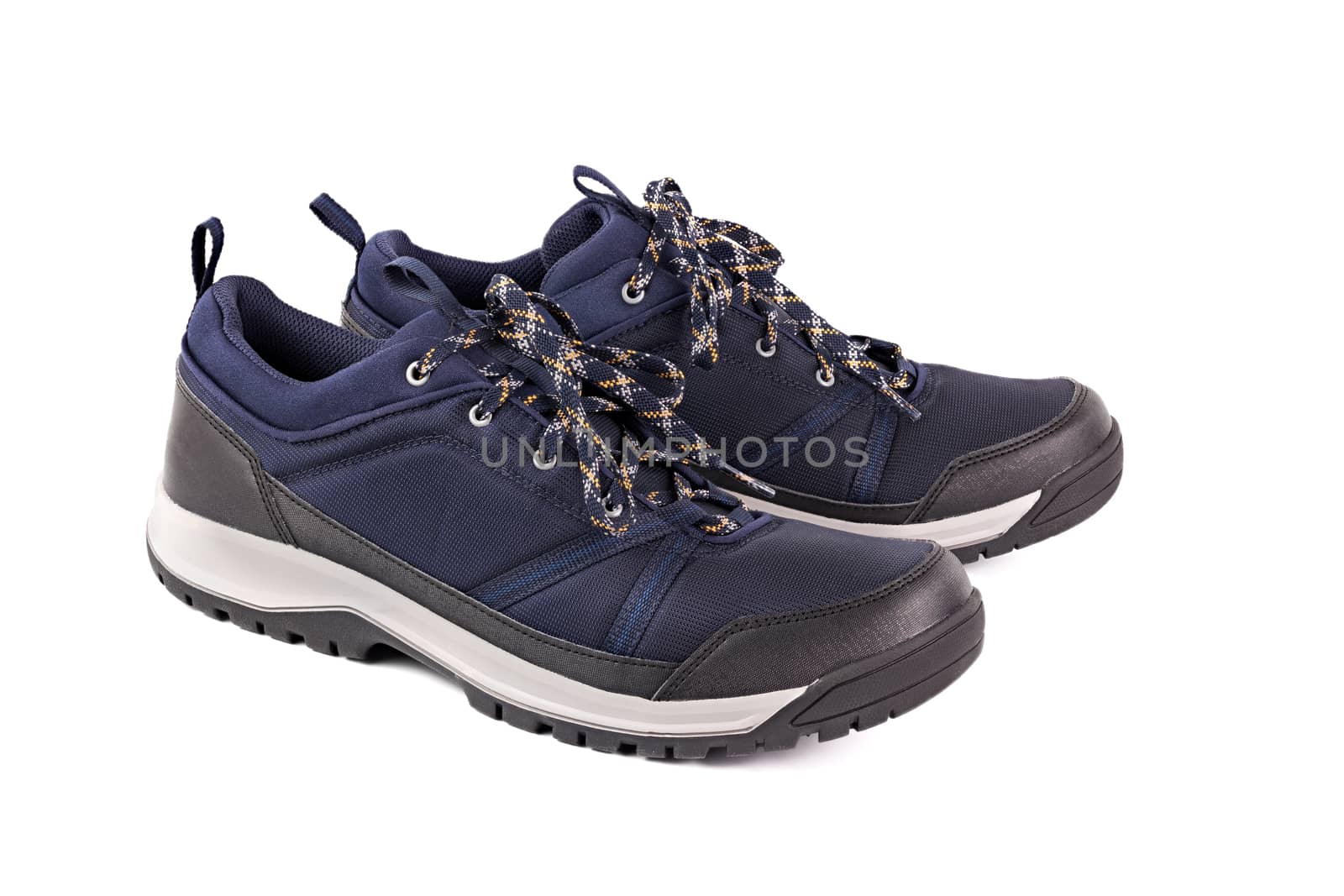 black and blue outdoor empty lightweight waterproof breathable fabric sneakers isolated on white background.