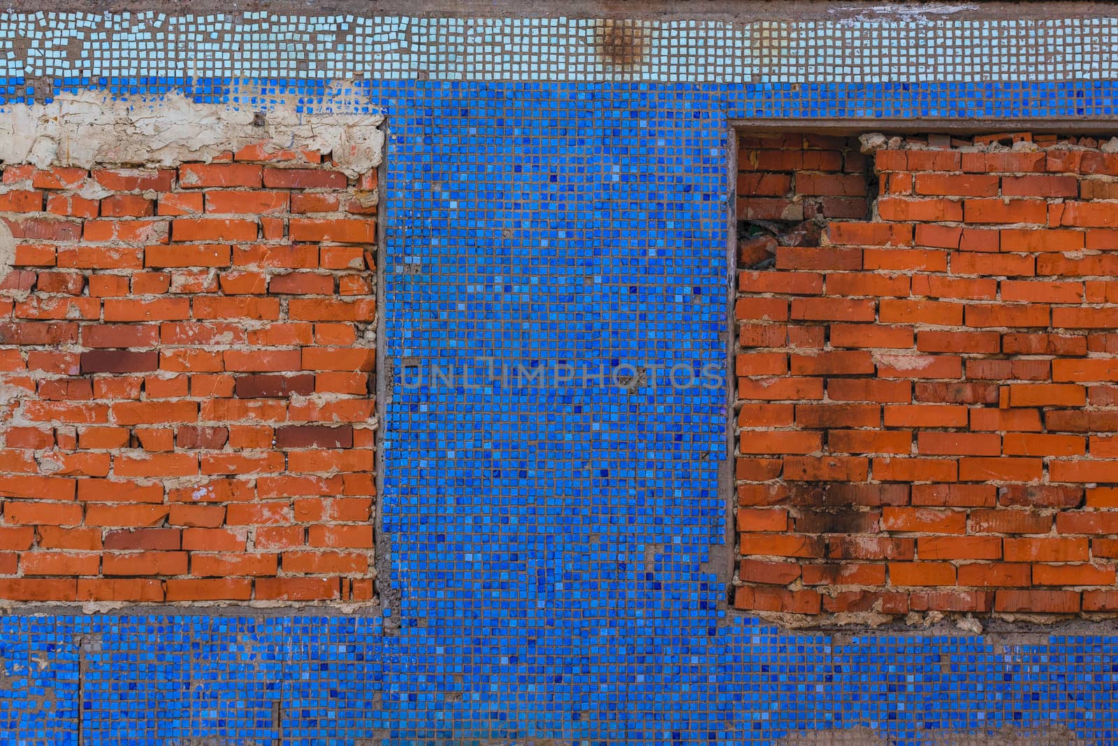 Brick filled windows on blue glass tiles wall flat background