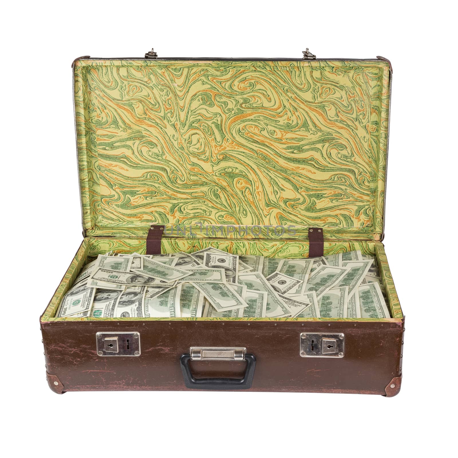 old opened brown suitcase full of hundred dollar banknotes isolated on white background.