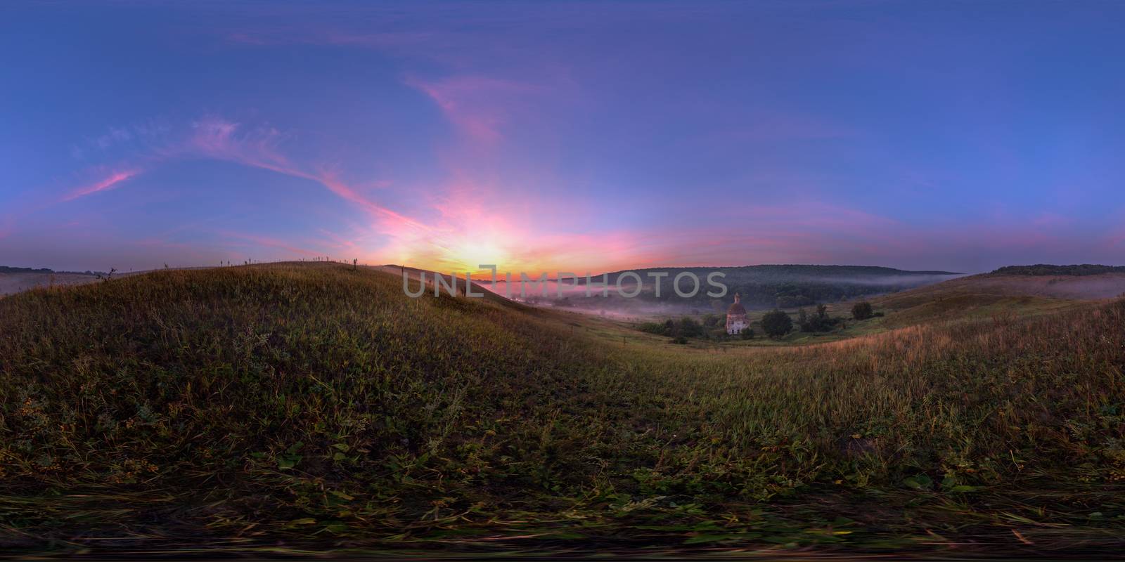 Spherical 360 degrees seamless panorama in equirectangular projection, panorama of natural landscape on river sunrise. VR content from ground level.