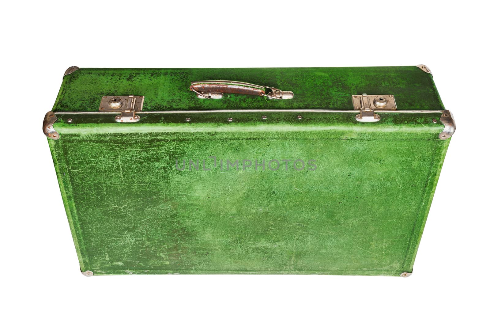old closed green retro fiber suitcase isolated on white background by z1b