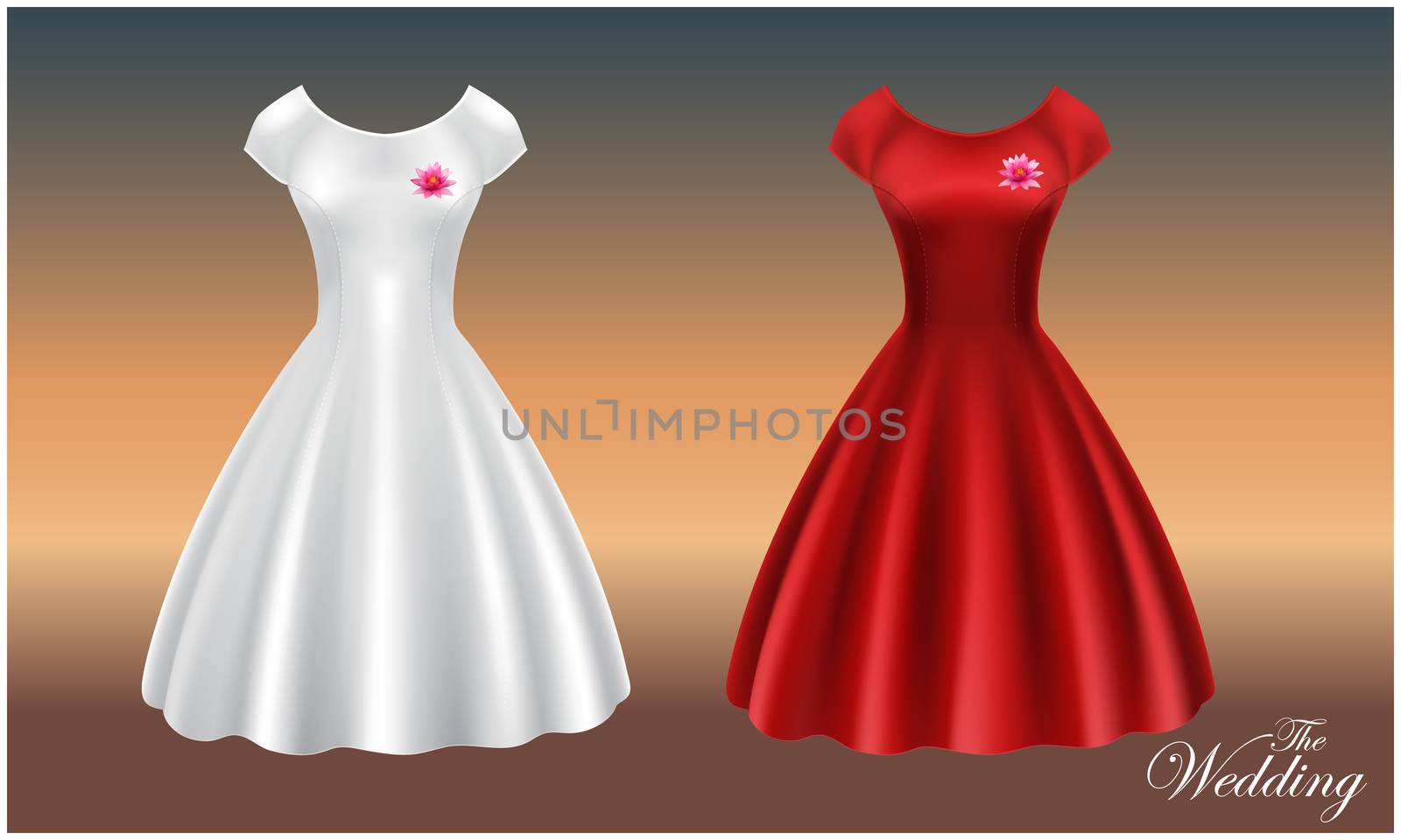 mock up illustration of white and red wedding dress on abstract background