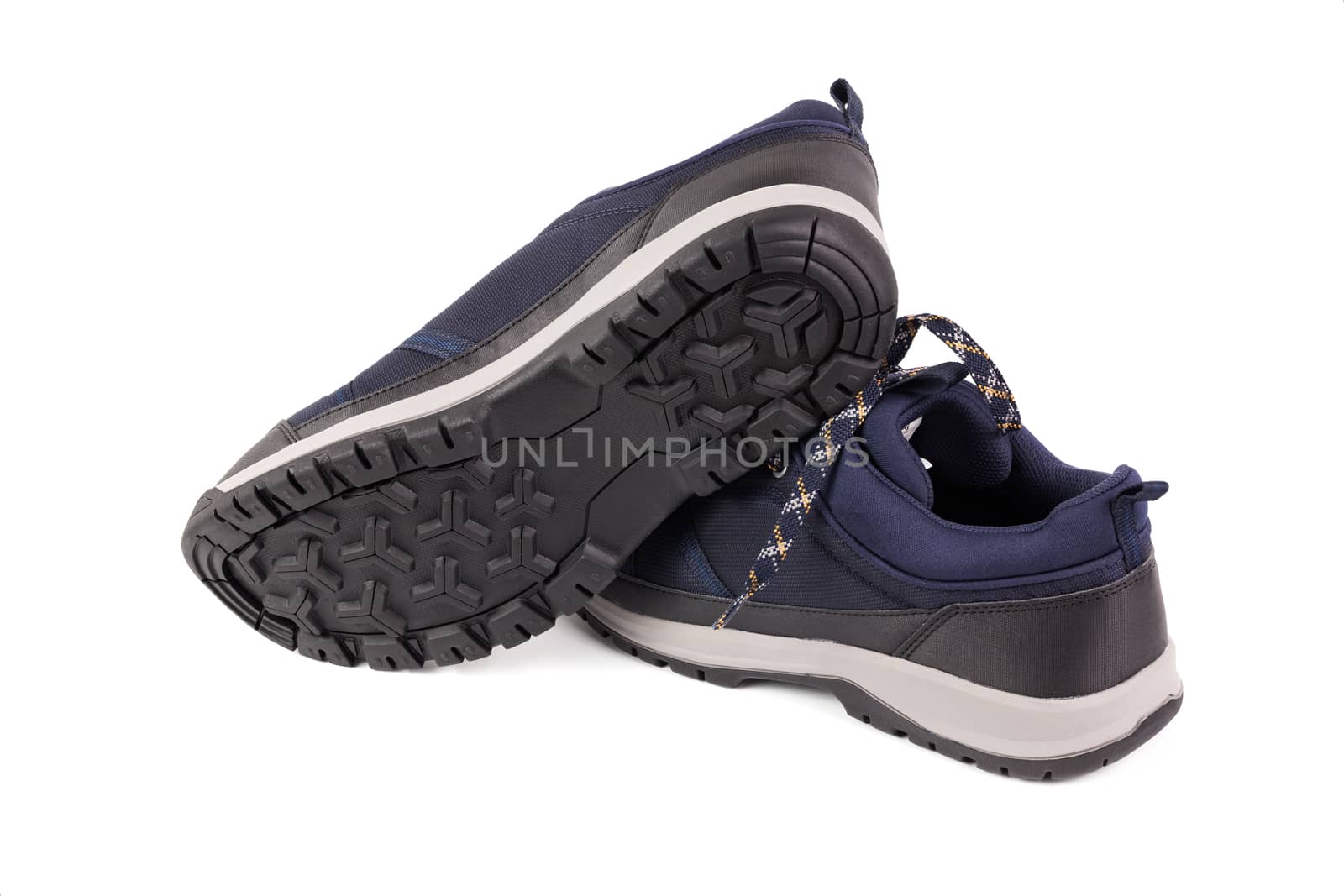 black and blue outdoor empty lightweight waterproof breathable fabric sneakers isolated on white background.