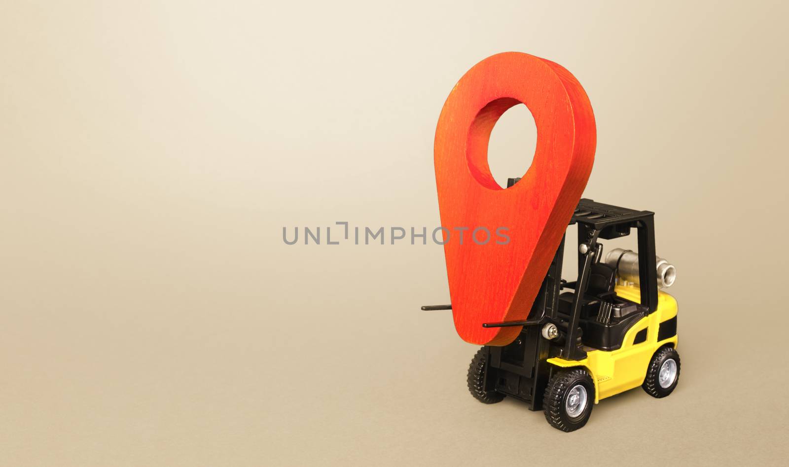 Yellow forklift carries a red location pointer. Transportation services and logistics management warehouse. Destination cargo and parcels, tracking. Efficient express delivery system.