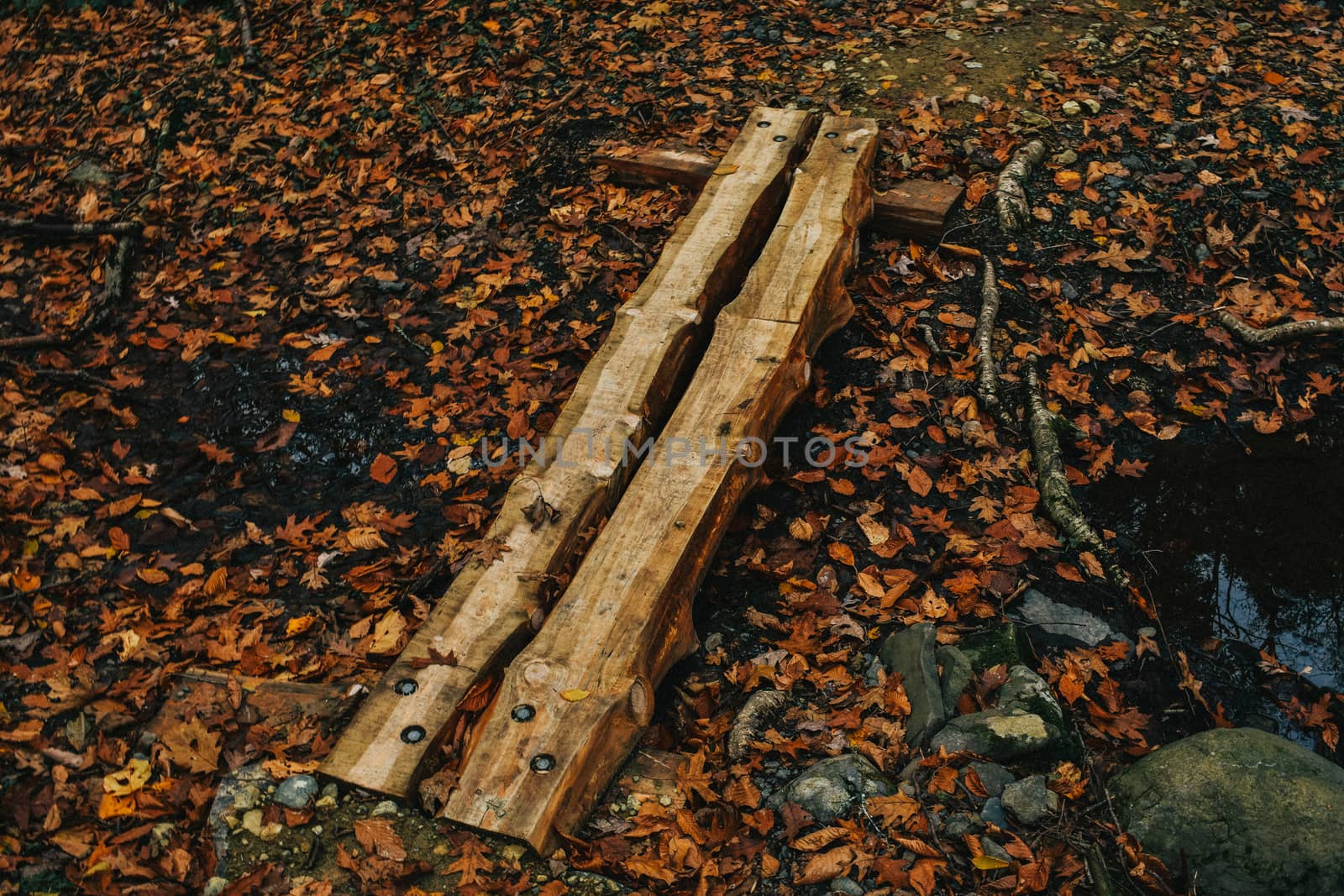 A Small Man-Made Wooden Bridge Used to Cross a Creek