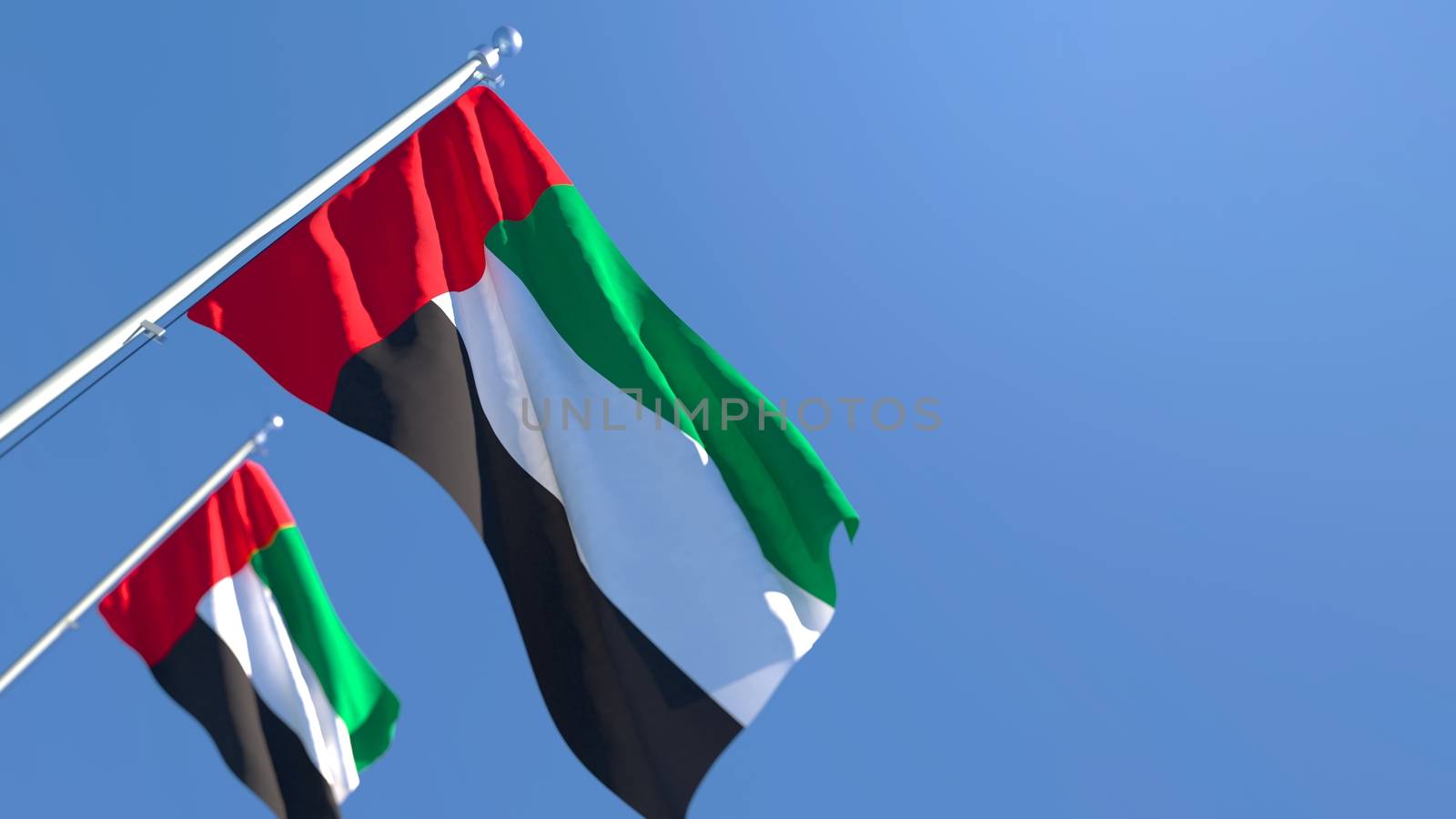 3D rendering of the national flag of UAE waving in the wind against a blue sky