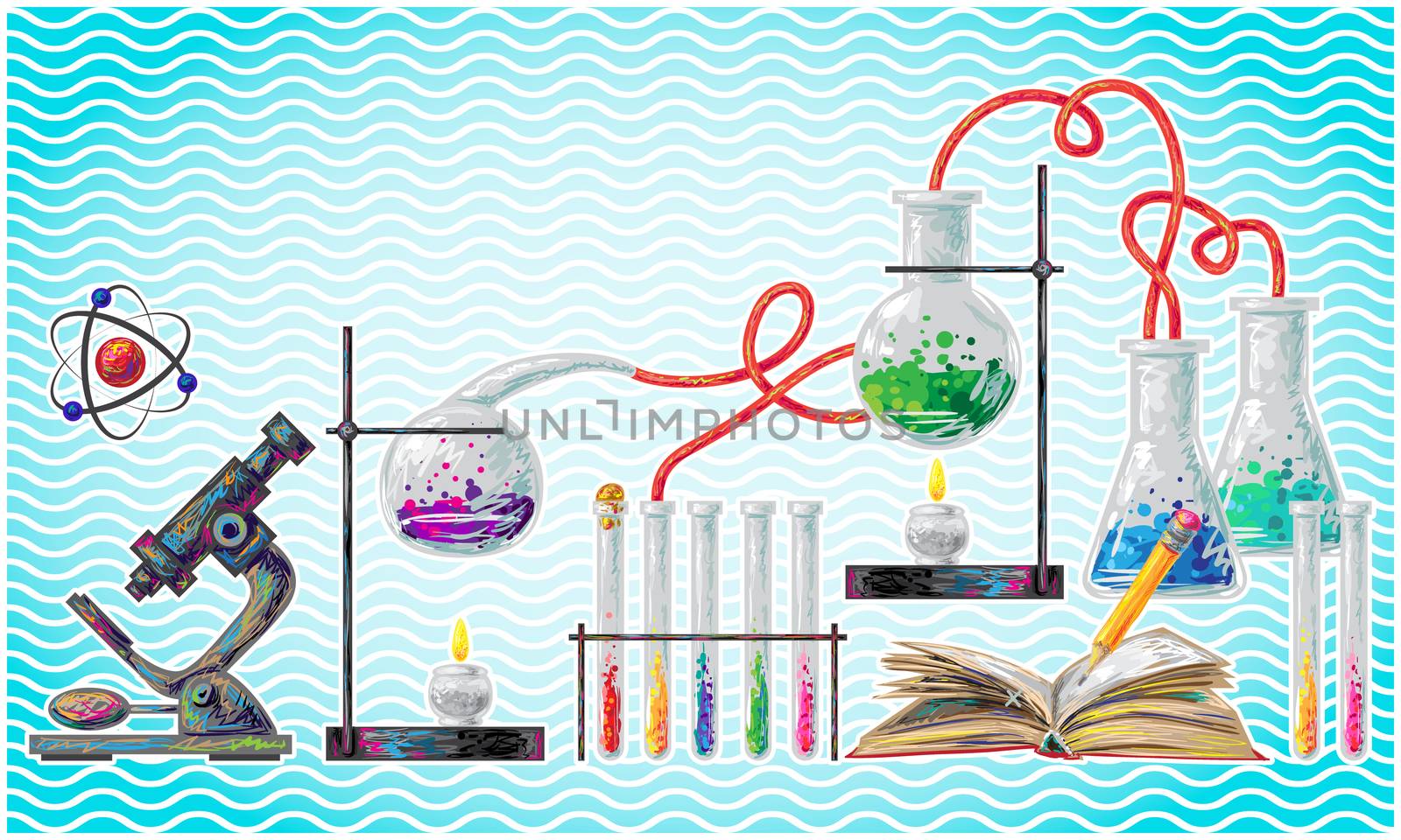 scientific laboratory elements on abstract wave background