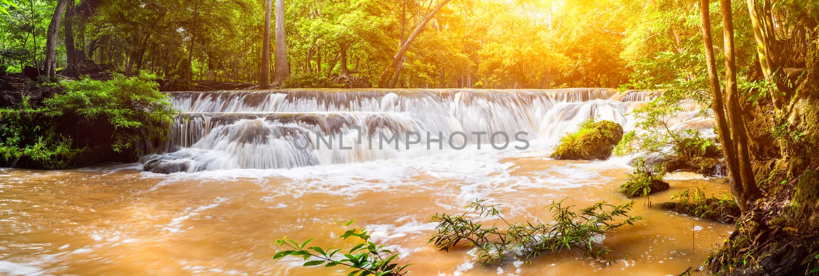 Panorama Waterfall in a forest on the mountain in tropical forest at National park Saraburi province, Thailand
