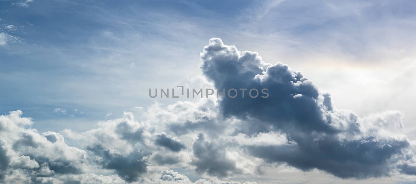 Panoramic of fluffy clouds against blue sky by stoonn