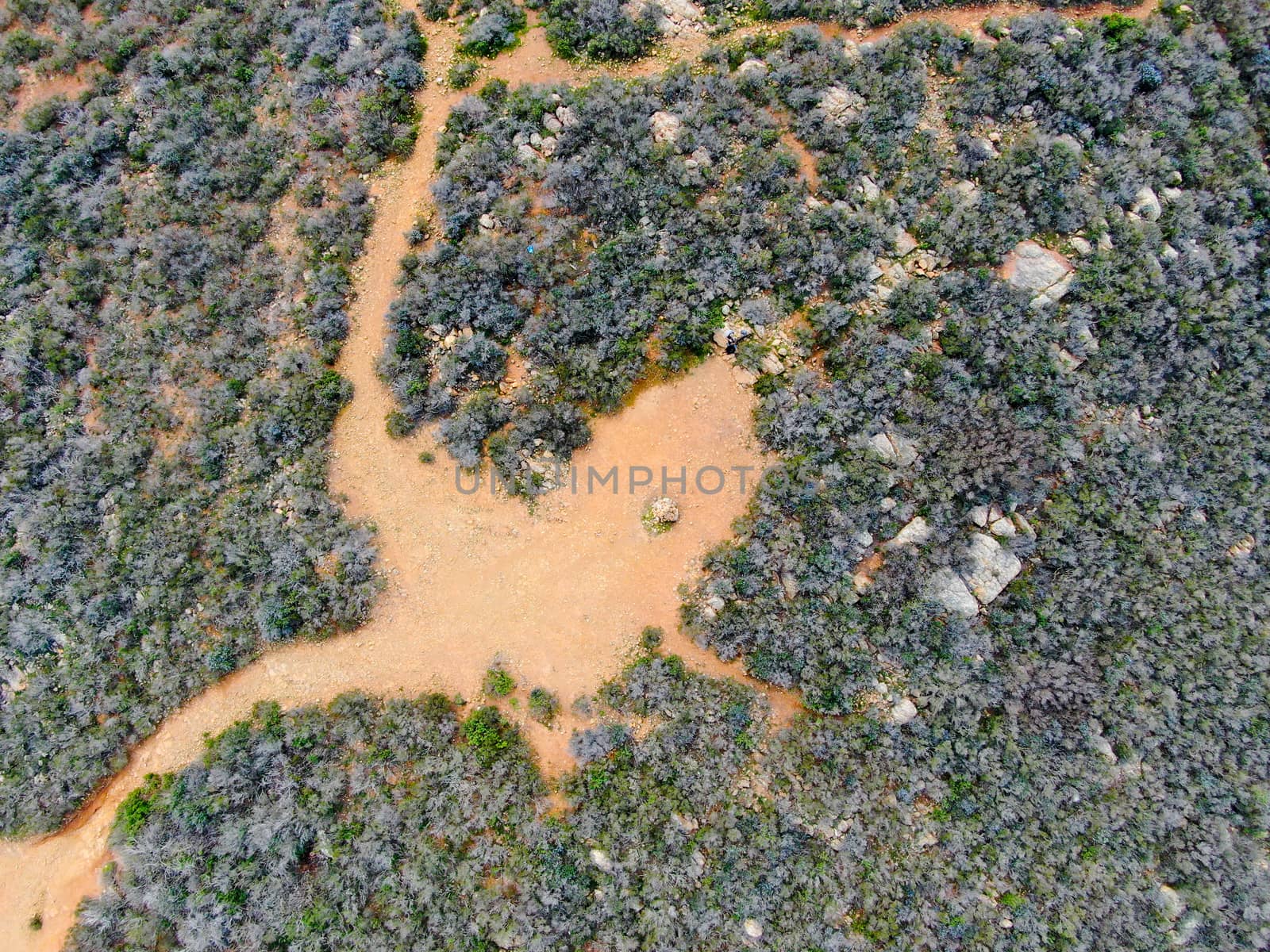 Aerial top view of Black Mountain in Carmel Valley, San Diego, California, USA. Green dry mountain during with hiking trails, perfect for hiking .