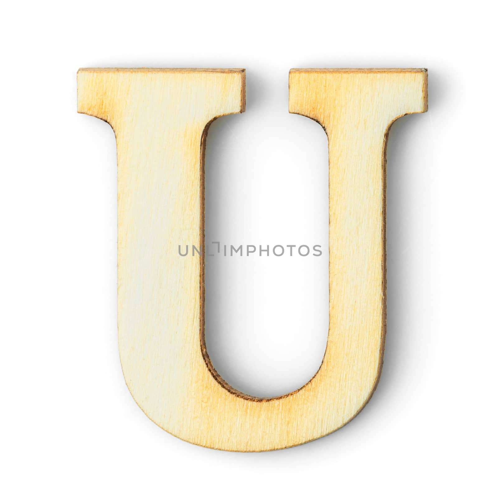 Wooden Alphabet study english letter with drop shadow on white background,U