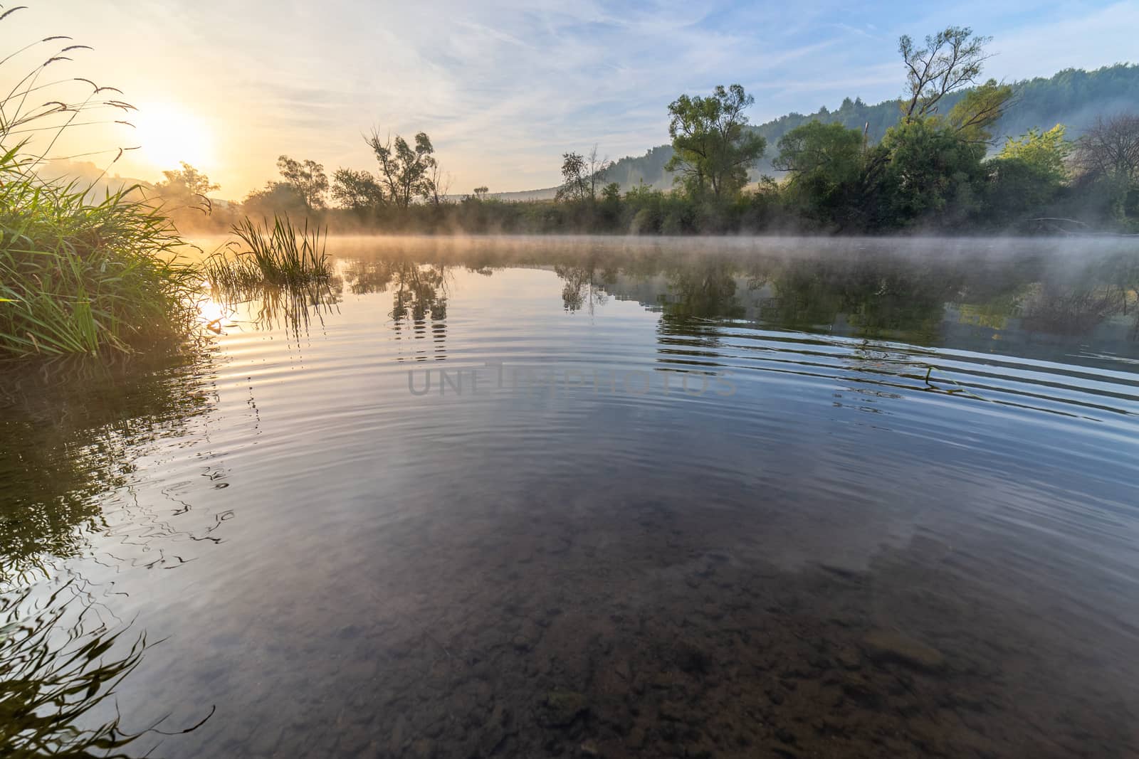 wide angle photo of floating fog on early morning river