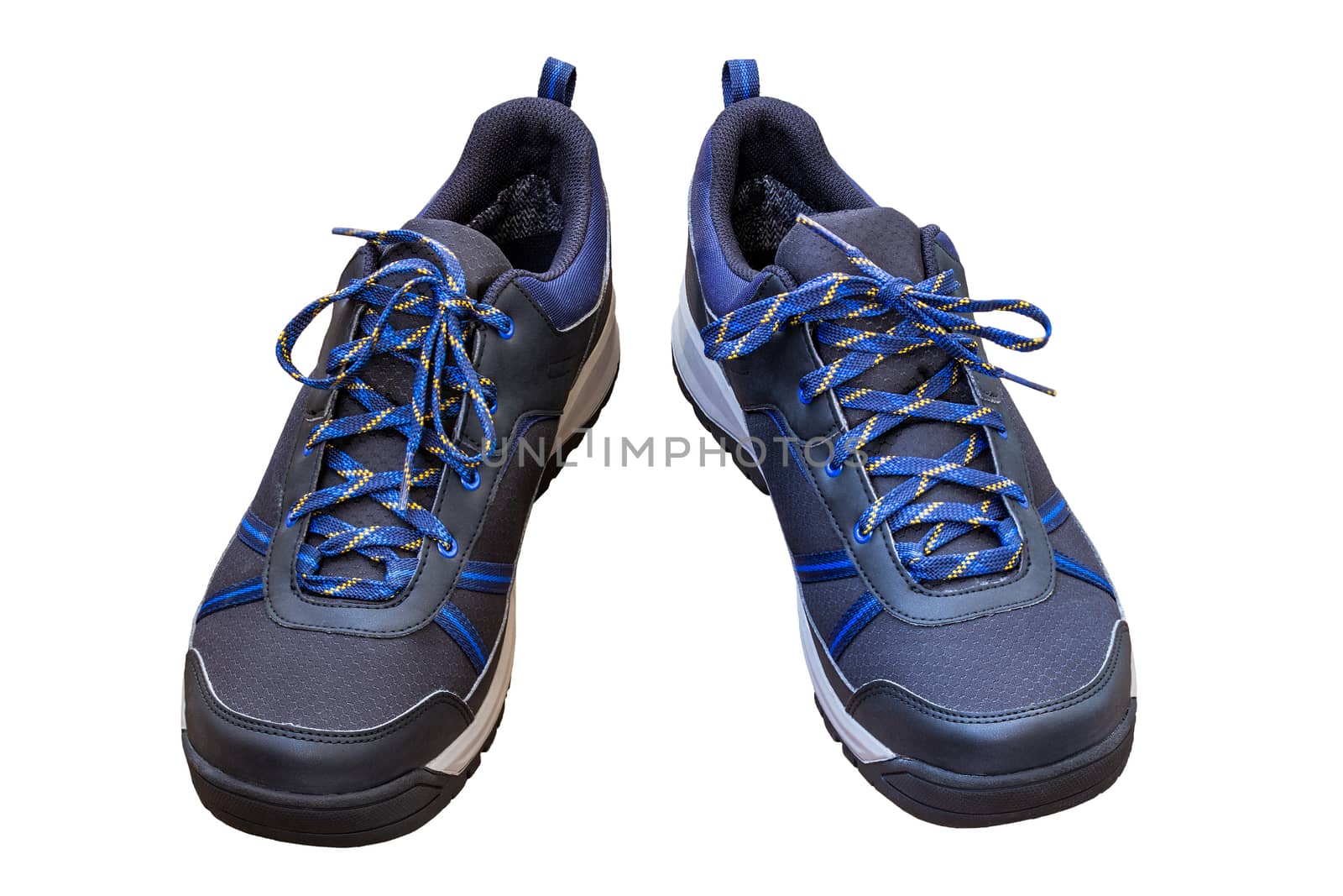 black and blue outdoor empty clean lightweight waterproof sneakers isolated on white background