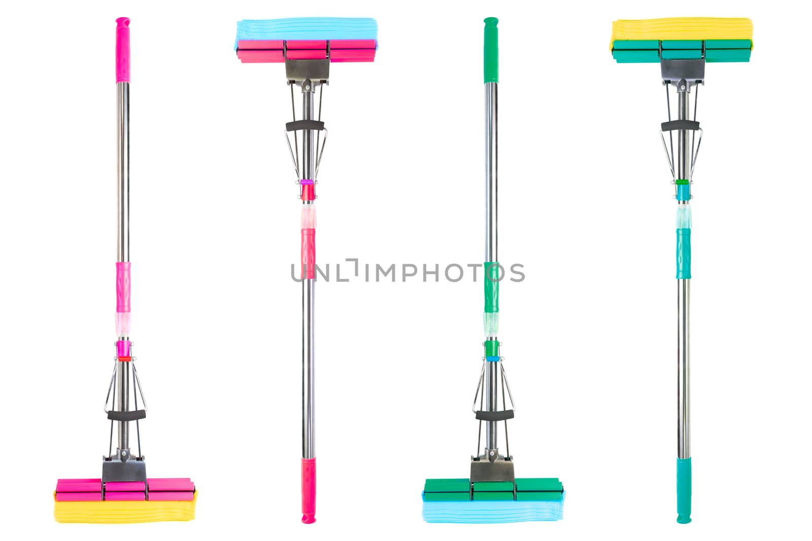 New colored mechanical double-rolled pull-action PVA mops isolated on white background.