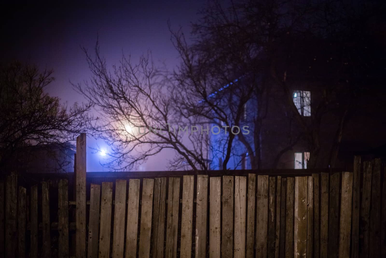Dark foggy night view on wooden fence and spooky house surrounded by black dry apple trees with selective focus and shallow depth of field.