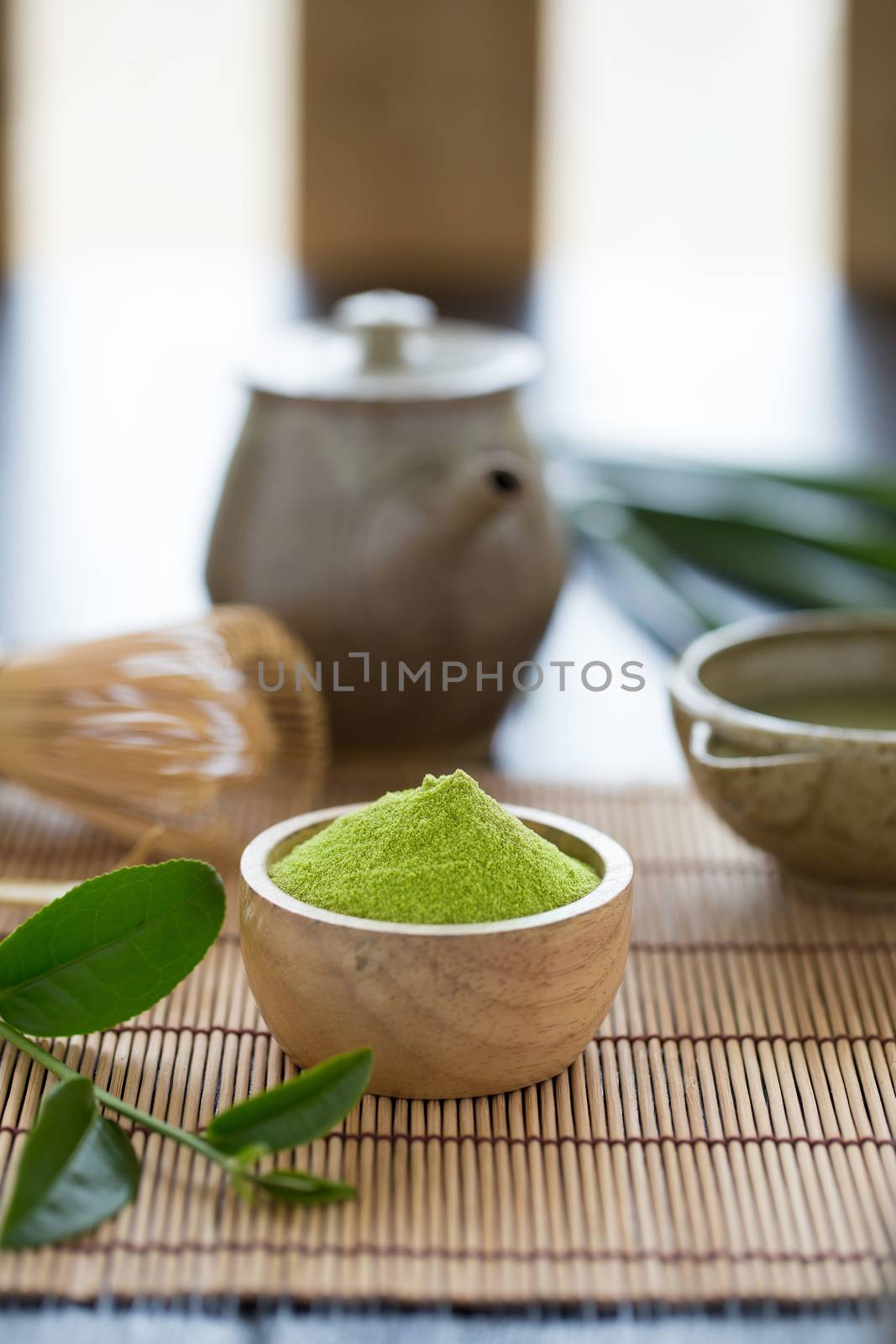 Set of matcha powder bowl wooden spoon and whisk green tea leaf Organic Green Matcha Tea ceremony.