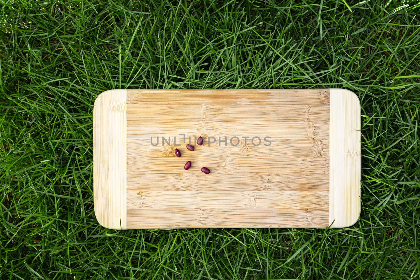 five dried red beans, on top of a wood cutting board, on top of green grass