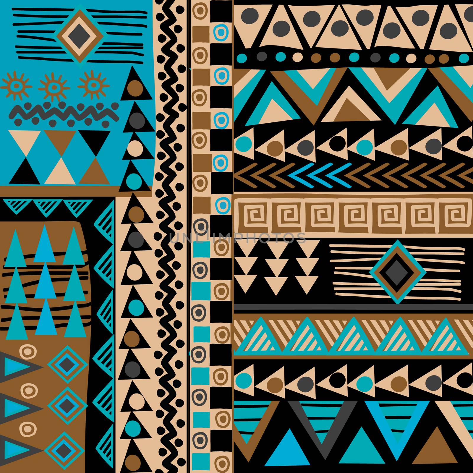 African doodle ethnic texture in blue and brown colors