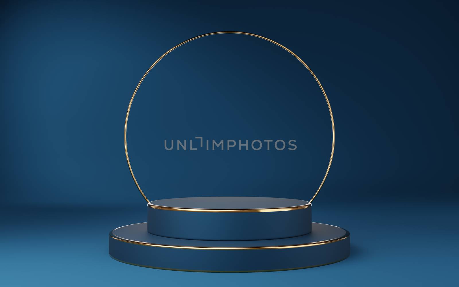 Empty blue cylinder podium with gold border and gold circle on blue background. Abstract minimal studio 3d geometric shape object. Mockup space for display of product design. 3d rendering.