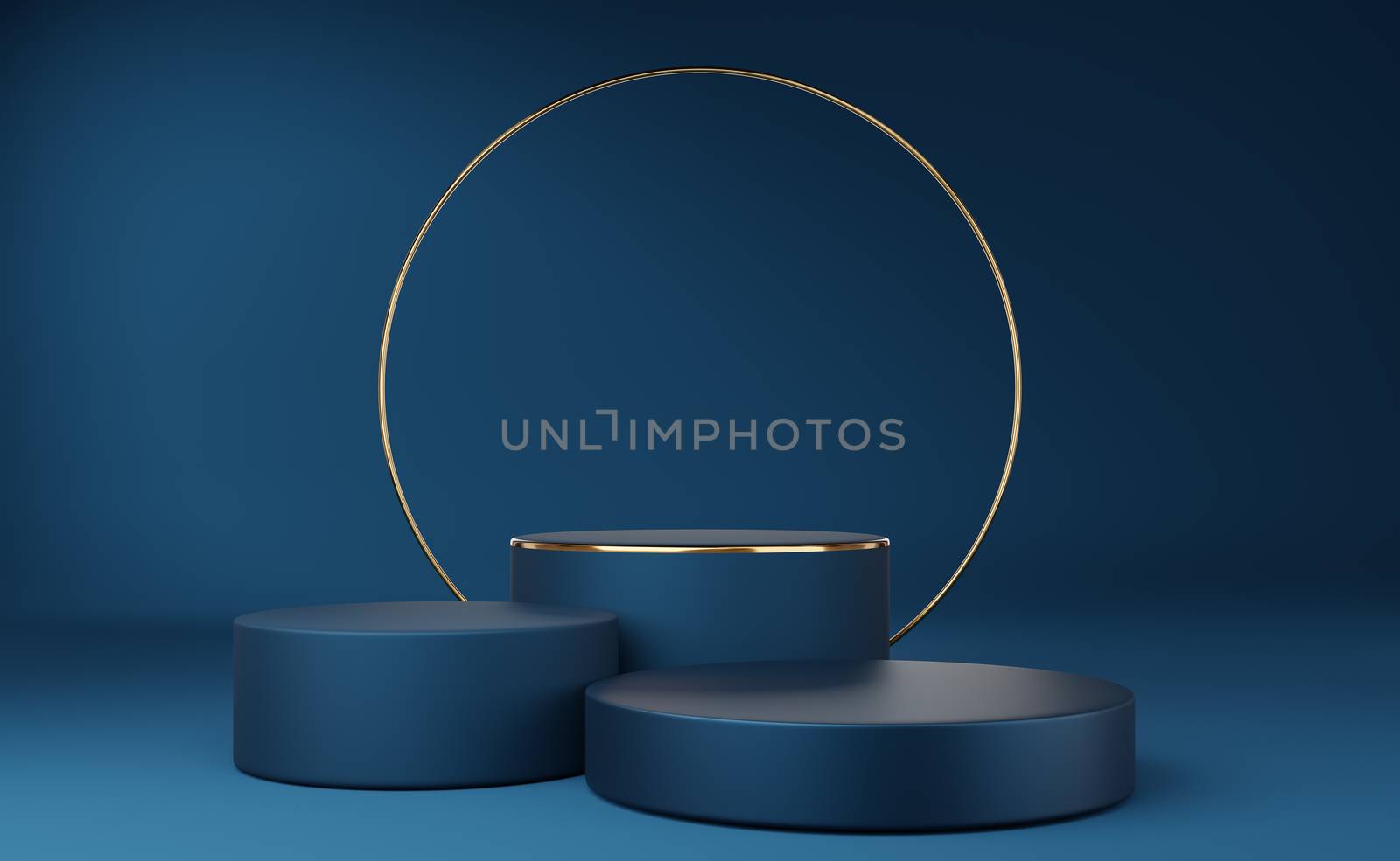 Empty blue cylinder podium with gold border and gold circle on blue background. Abstract minimal studio 3d geometric shape object. Mockup space for display of product design. 3d rendering.