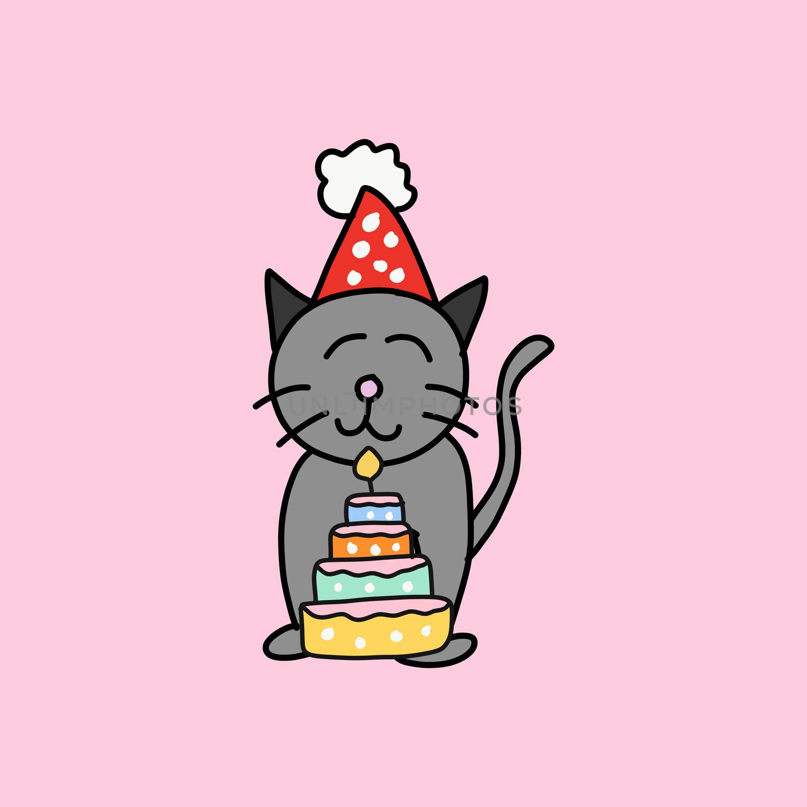 Cute gray cat wear red and white party hat and colorful cake by iiinuthiii