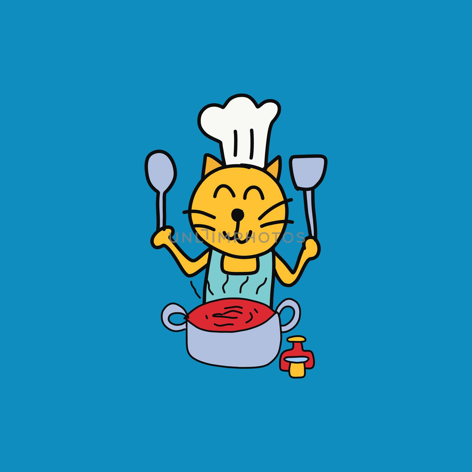 Hand draw yellow cute cat wear white chef hat cooking red tomato soup by iiinuthiii