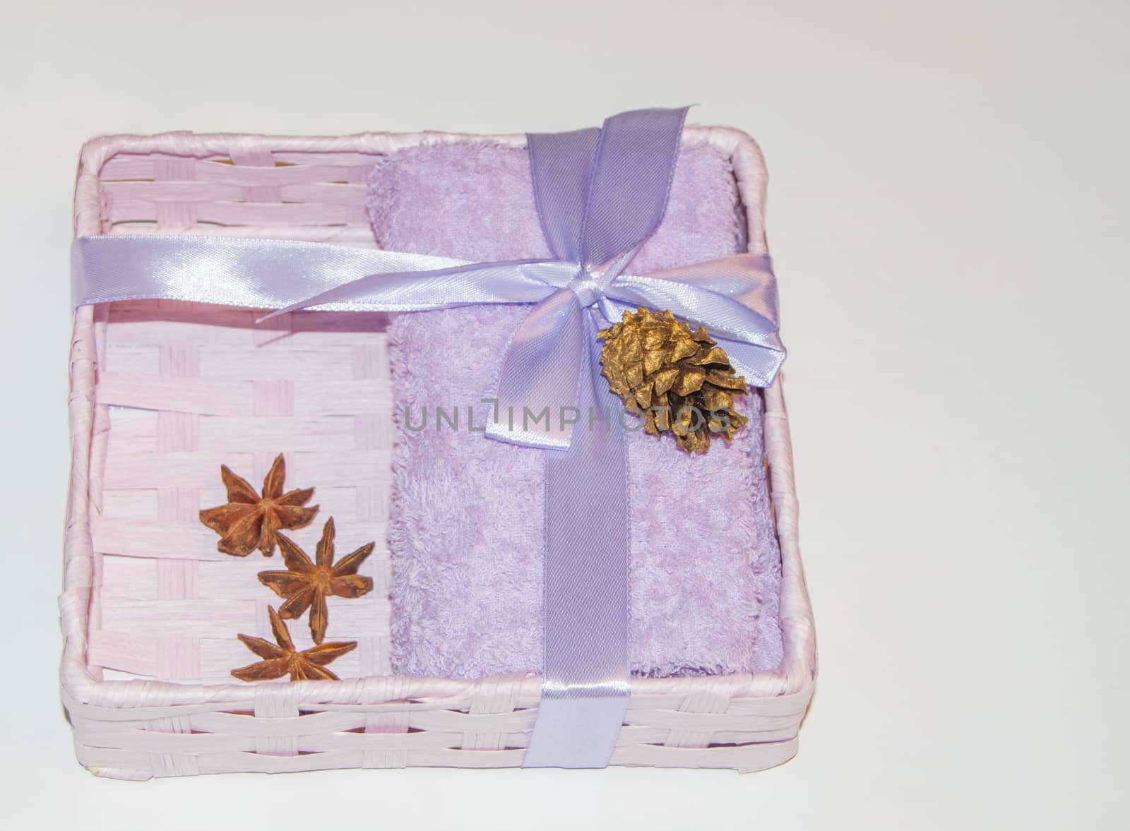 Gift box with lilac Terry towel, Golden cone and star of Badian, Christmas gift for SPA.