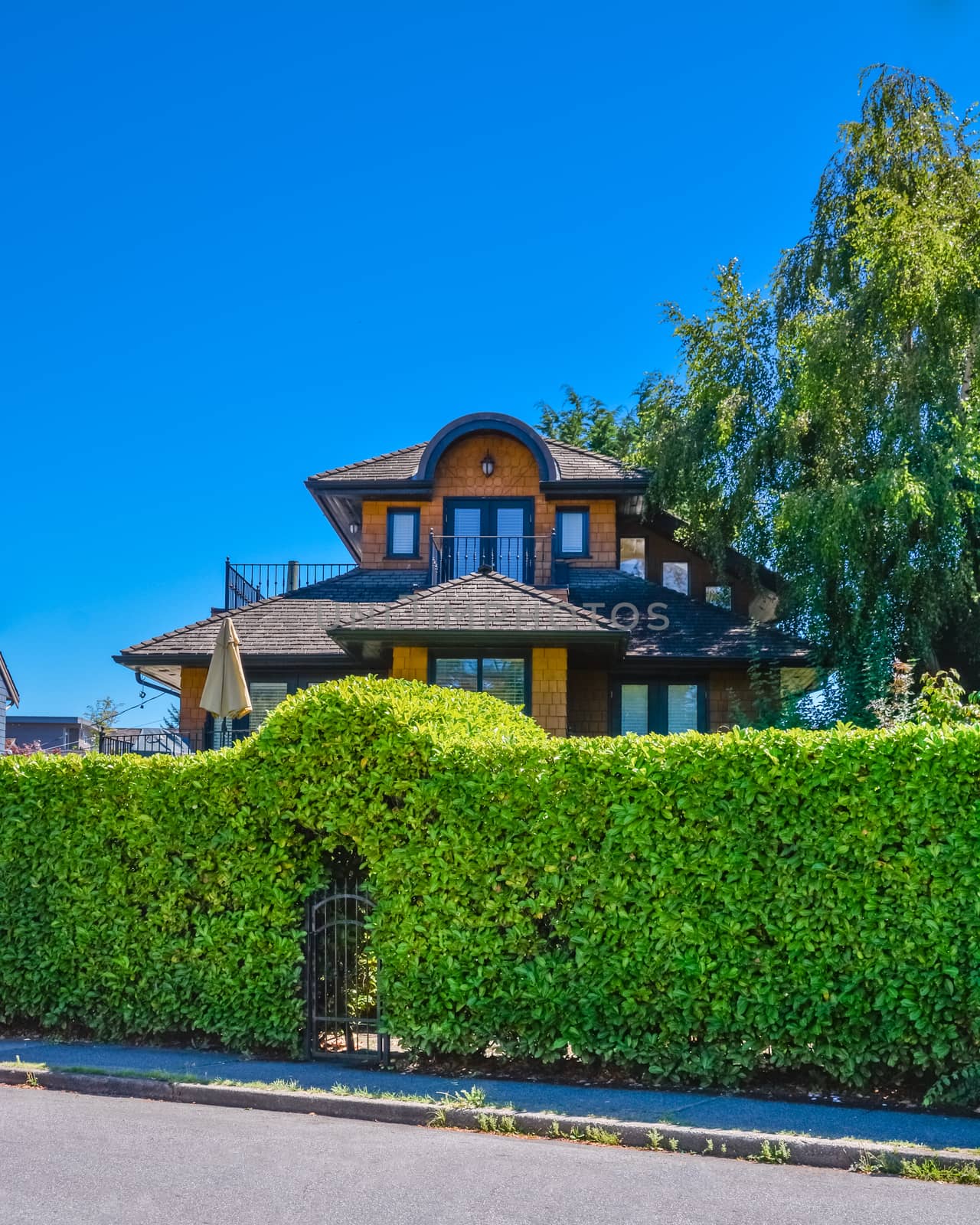 Green hedge with arch over entrance gate in front of residential house